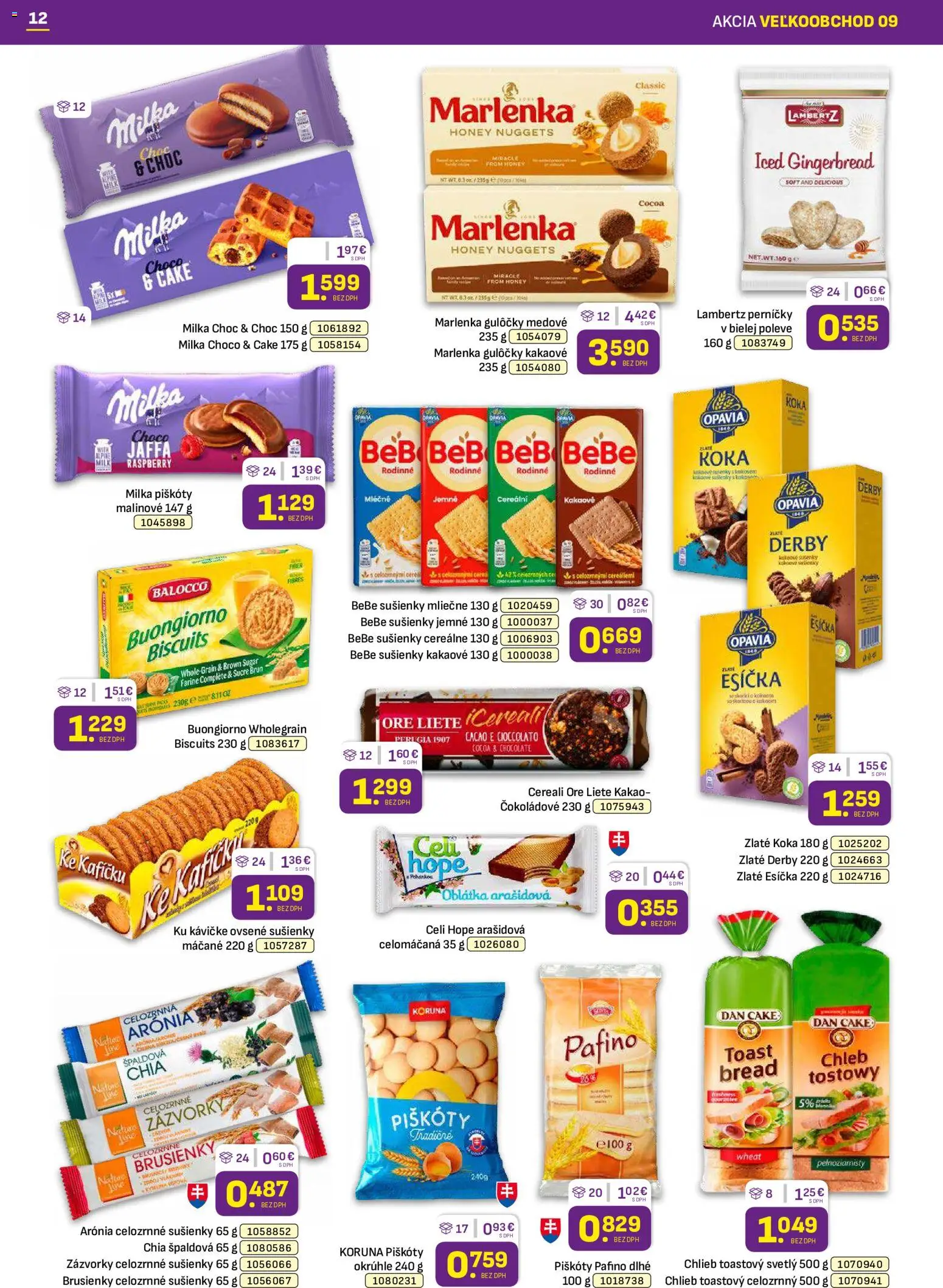Nové Libex akcie – leták je platný od 04.05.2026 | Strana: 12 | Produkty: Chlieb, Marlenka, Milka, Kakao
