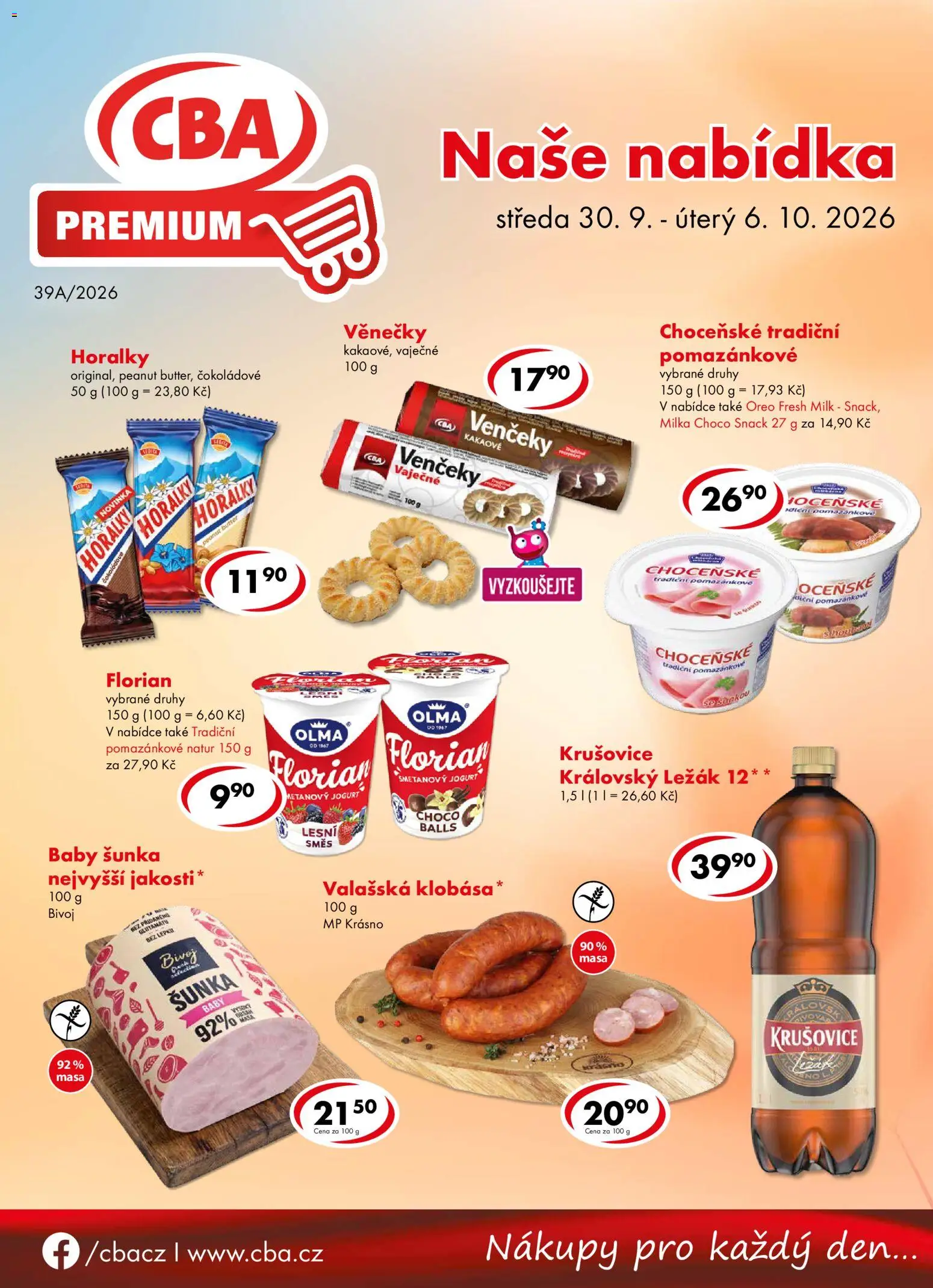 CBA leták - Premium od 30.09.2026 | Strana: 1 | Produkty: Jogurt, Šunka, Klobása, Horalky