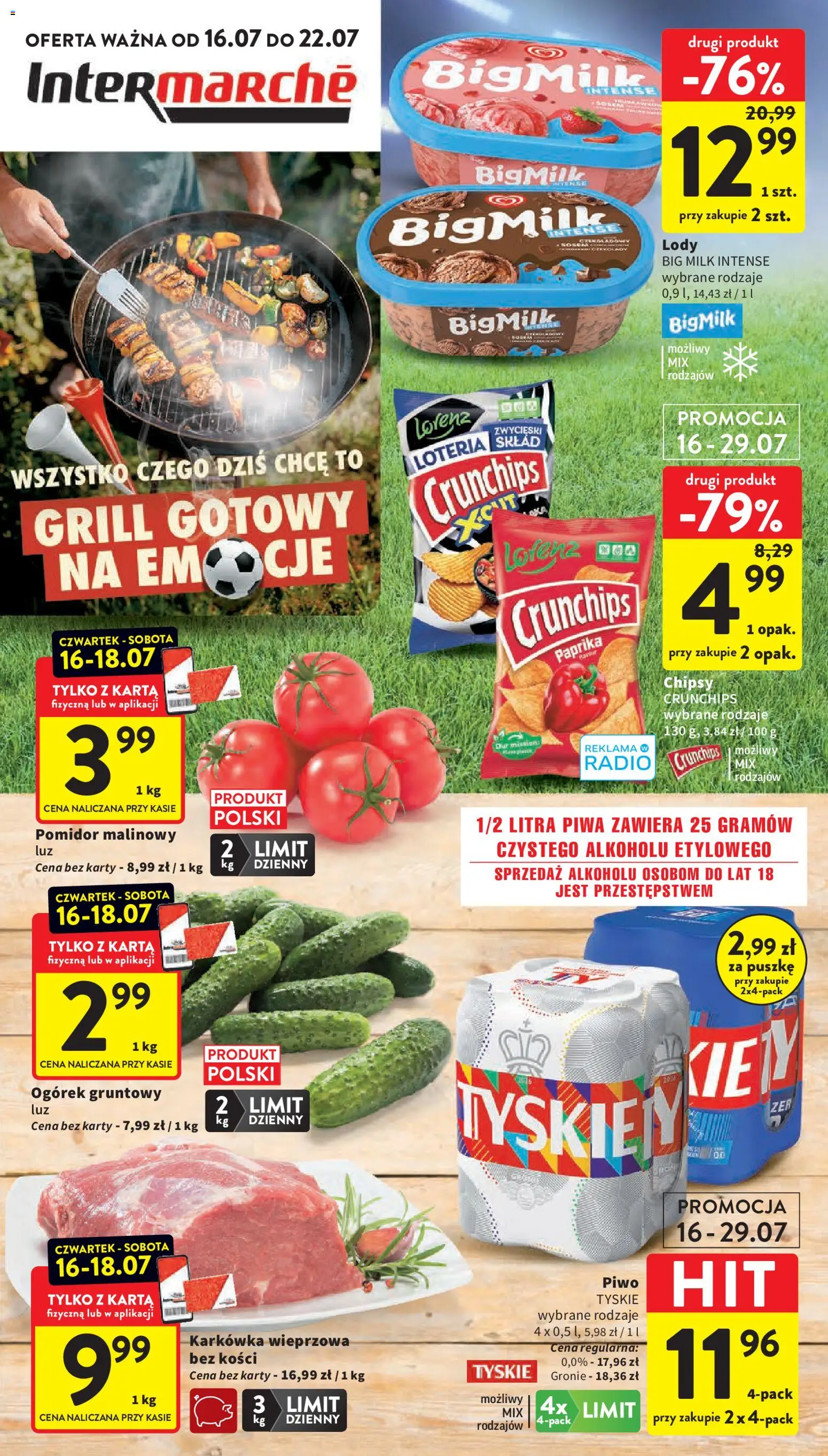Intermarche gazetka od 16.07.2026 | Strona: 1 | Produkty: Pomidor malinowy, Karkówka, Grill, Piwo