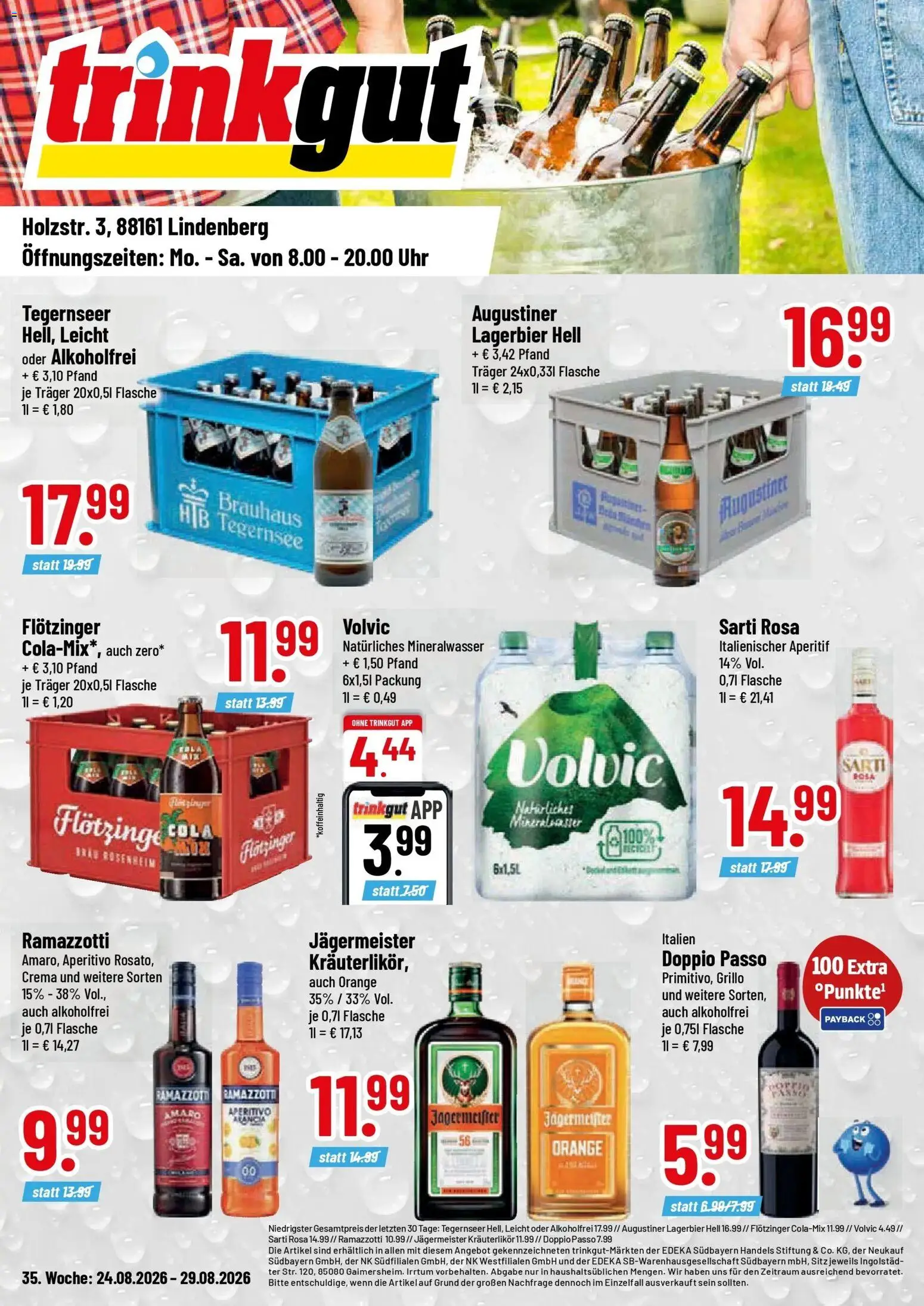 Trinkgut Prospekt Lindenberg – gültig ab 24.08.2026 | Seite: 1 | Produkte: Jägermeister, Volvic, Ramazzotti, Uhr