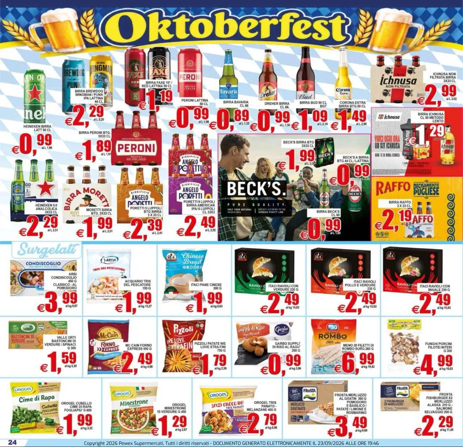 Volantino Pewex del 23/09/2026 | Pagina: 24 | Prodotti: Birra, Merluzzo, Pomodoro, Birra Ichnusa