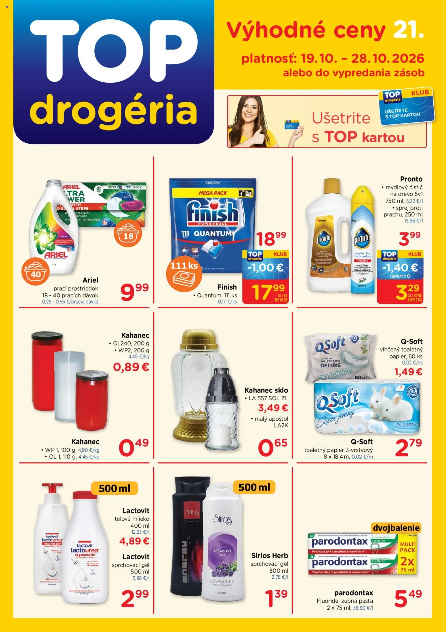 Nové TOP Drogéria akcie – leták je platný od 19.10.2026 | Strana: 1 | Produkty: Mlieko, Toaletný papier, Zubná pasta, Soľ