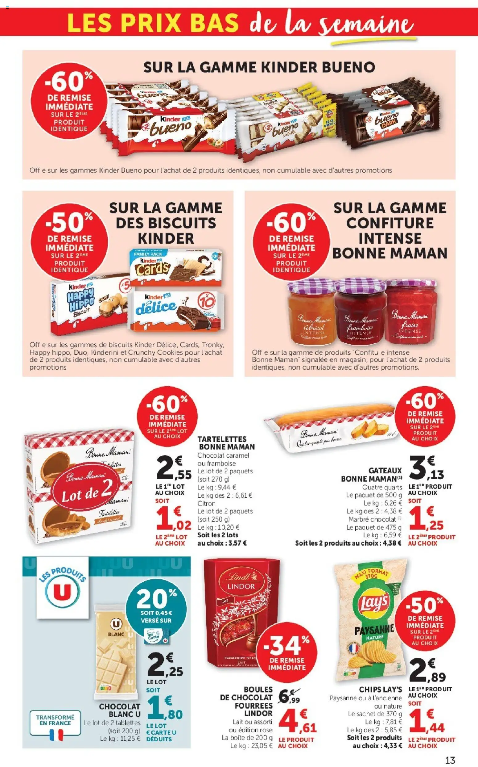 {H1} | Page: 13 | Produits: Abricot, Framboise, Kinder Bueno, Lait