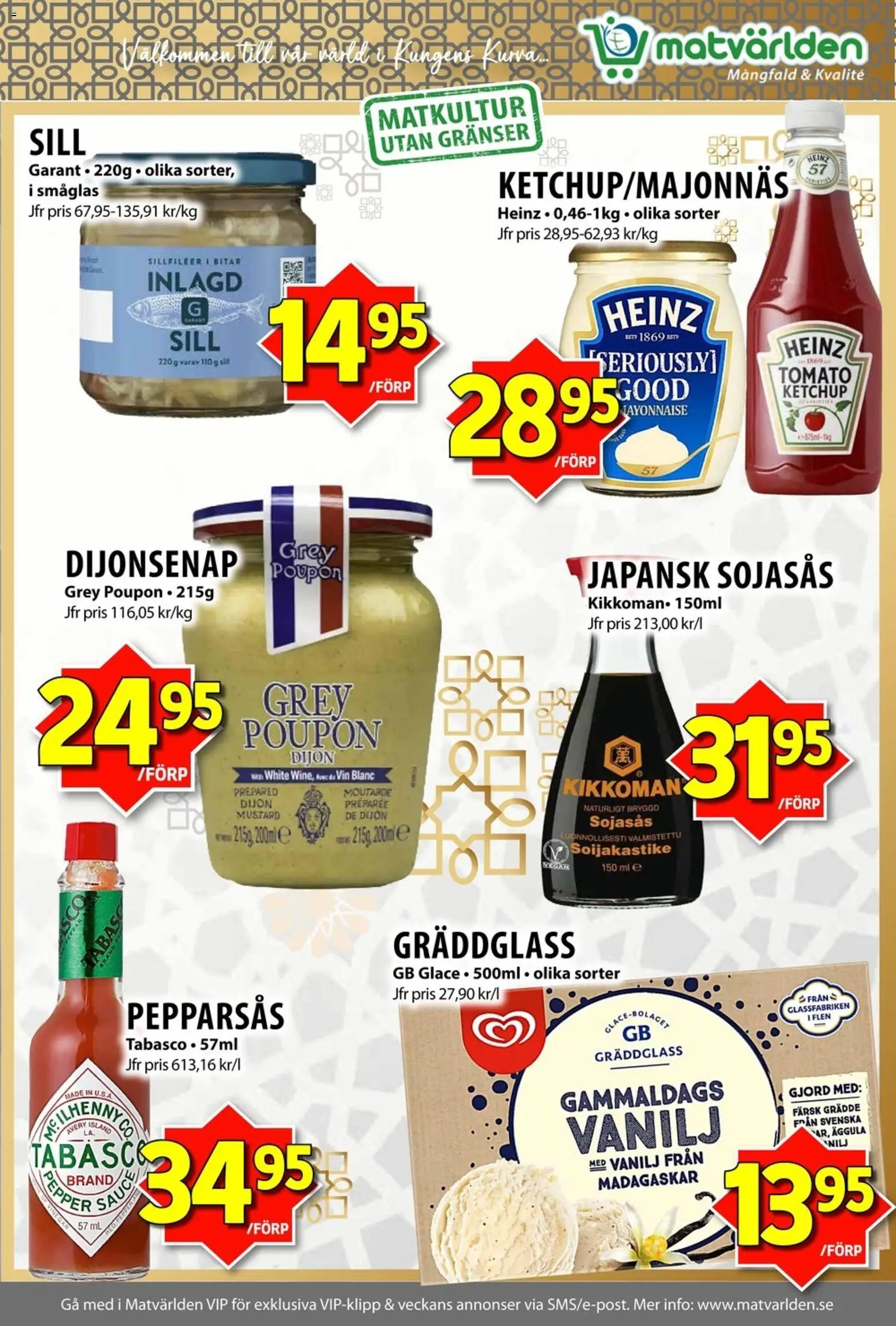 Matvärlden reklamblad aktuell från 08.06.2026 | Sida: 6 | Produkter: Sill, Tabasco, Vin, Grädde