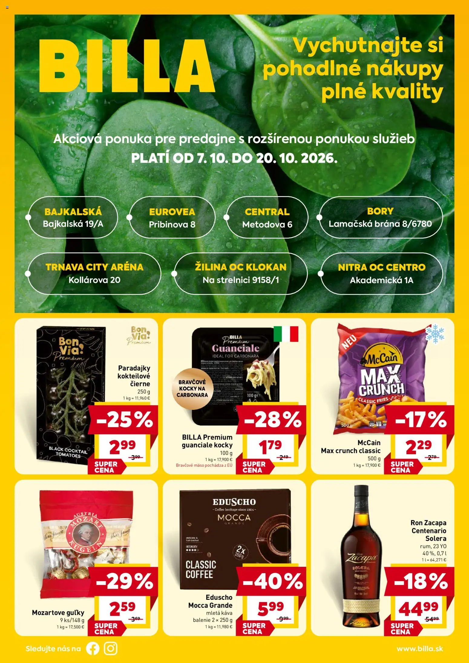 Nové Billa akcie – leták je platný od 07.10.2026 | Strana: 1 | Produkty: Káva, Paradajky, Bravčové kocky, Rum