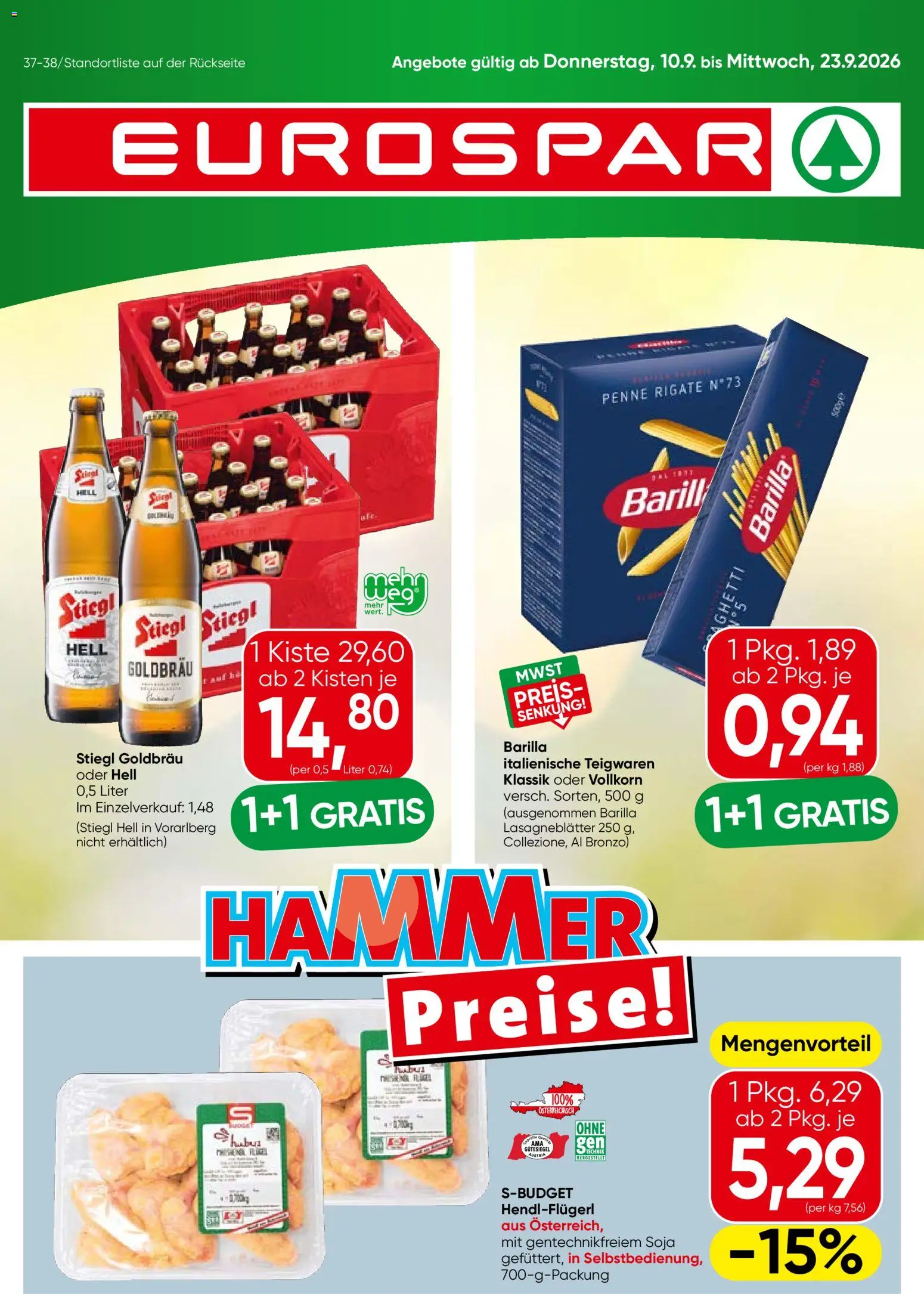 Eurospar Flugblatt gültig ab 10.09.2026 | Seite: 1 | Produkte: Barilla