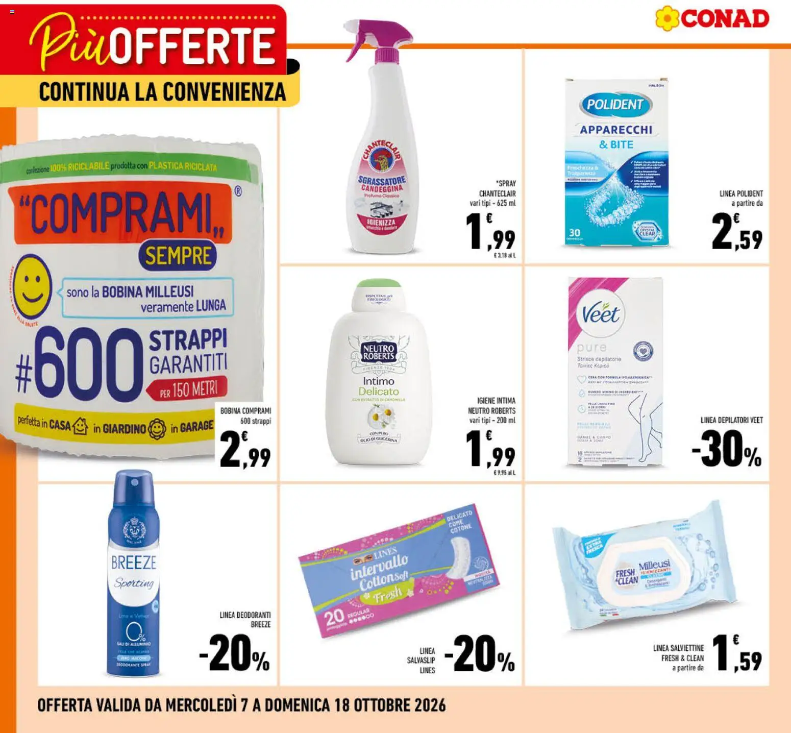 Volantino Conad del 07/10/2026 | Pagina: 3 | Prodotti: Deodorante, Candeggina, Intimo, Olio