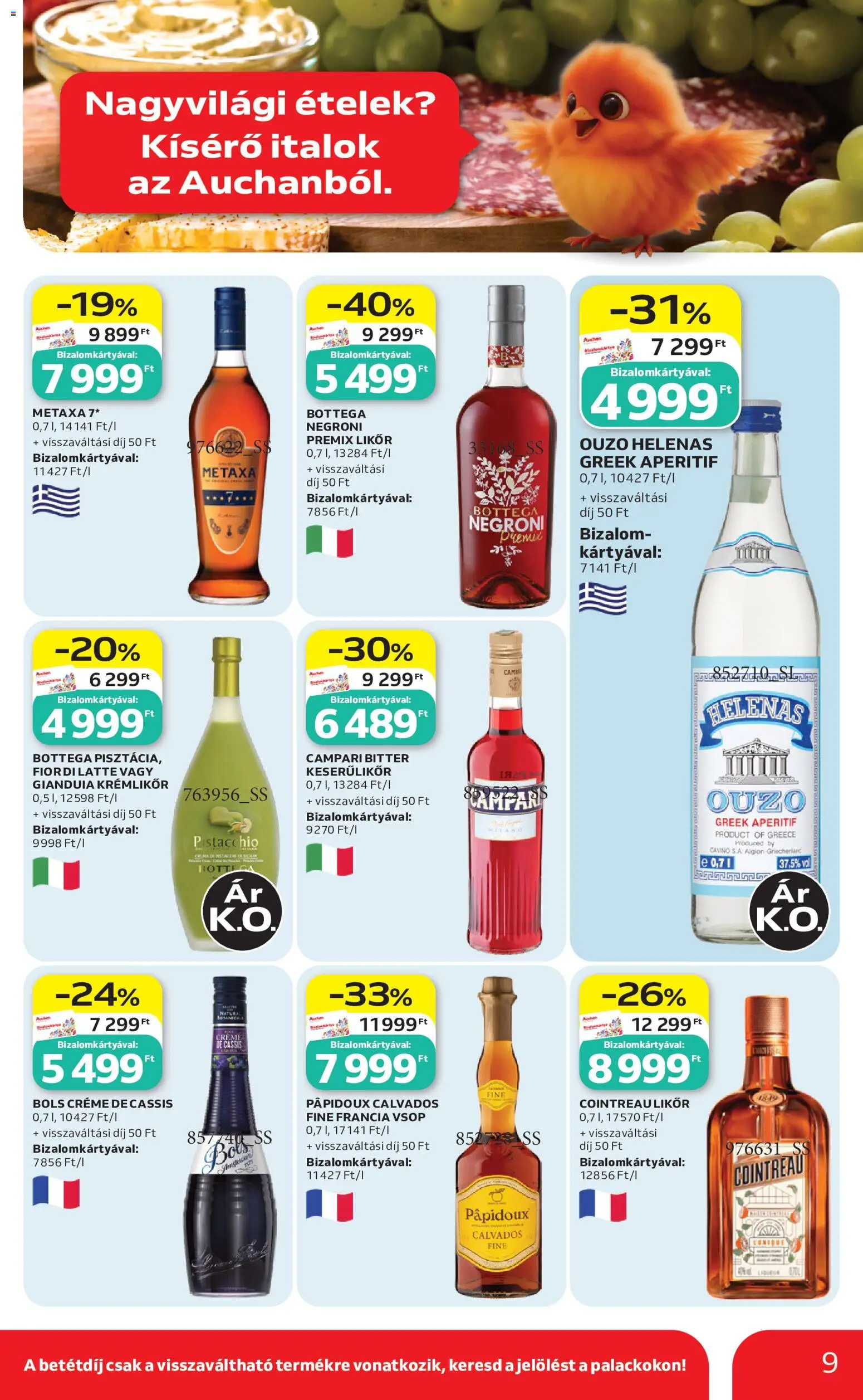 Auchan akciós ujság - amely érvényes a következő dátumtól: 2026.07.30. | Oldal: 9 | Termékek: Metaxa, Krémlikőr, Calvados, Campari