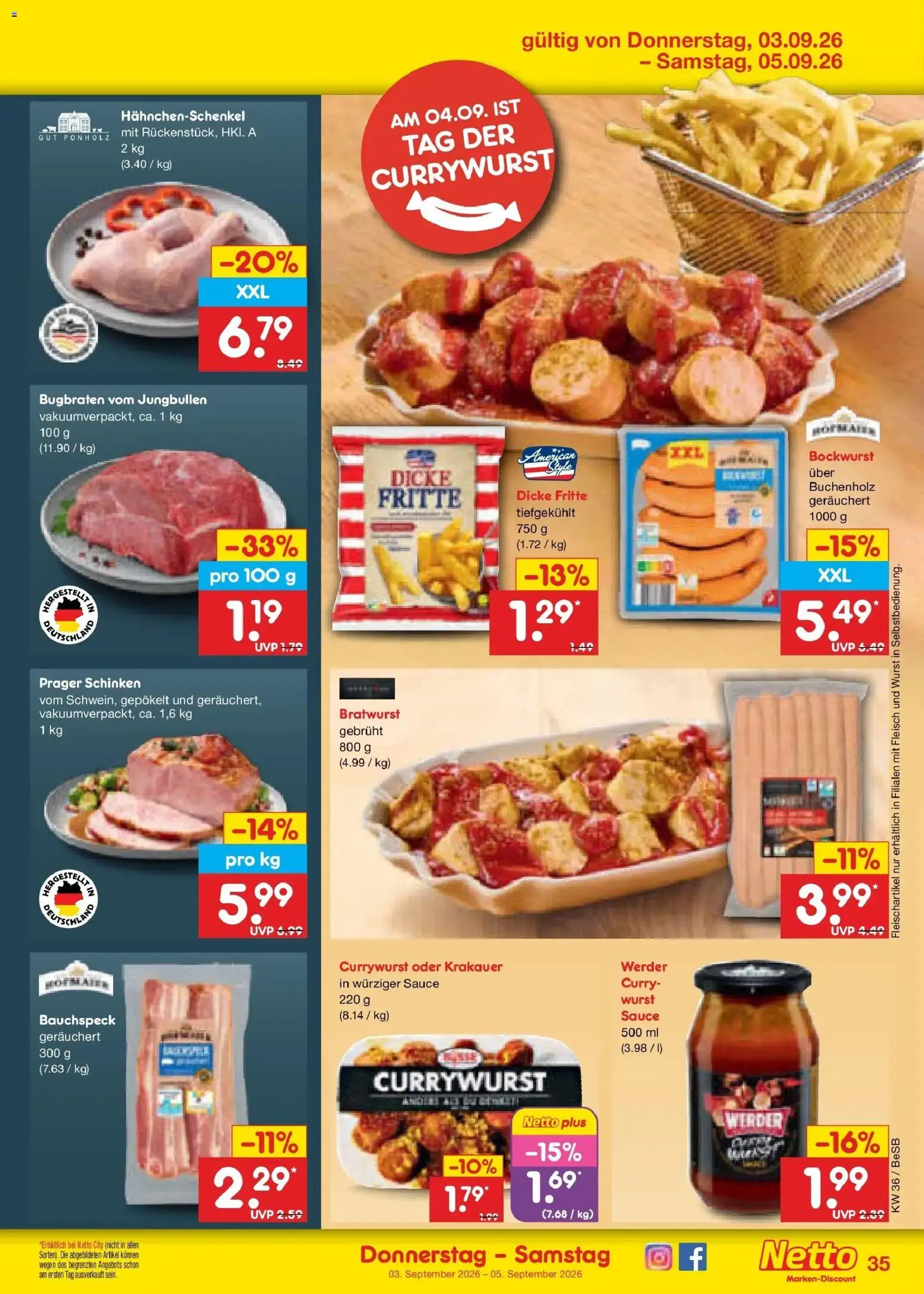 Netto Marken-Discount Prospekt Kremmen (ab 31.08.2026) » Angebote | Seite: 47 | Produkte: Bockwurst, Hahnchenschenkel, Wurst, Schinken