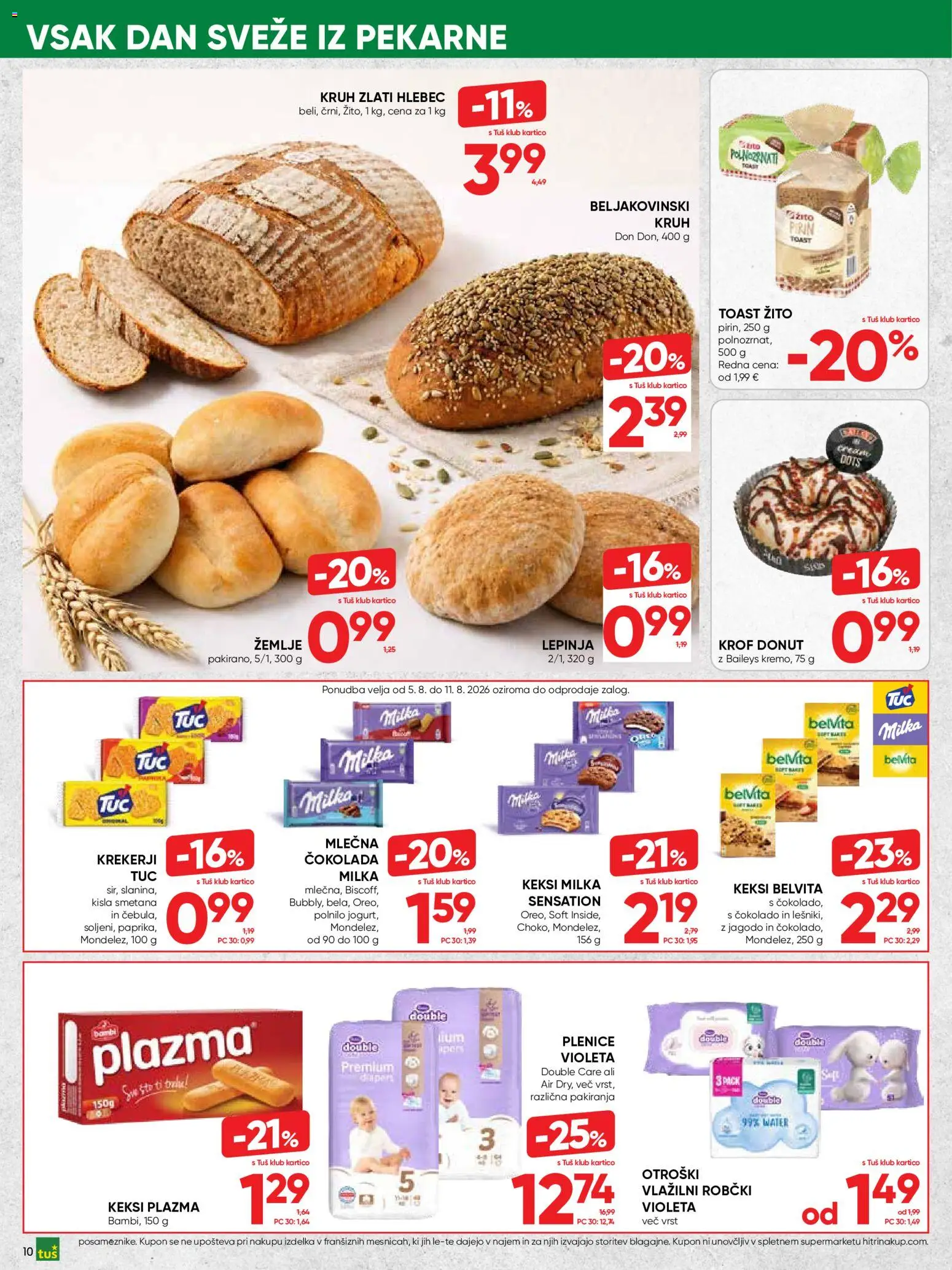 Novi Tuš katalog ponudbe – veljaven od 05.08.2026 | Stran: 10 | Izdelki: Keksi, Plenice, Lepinja, Smetana
