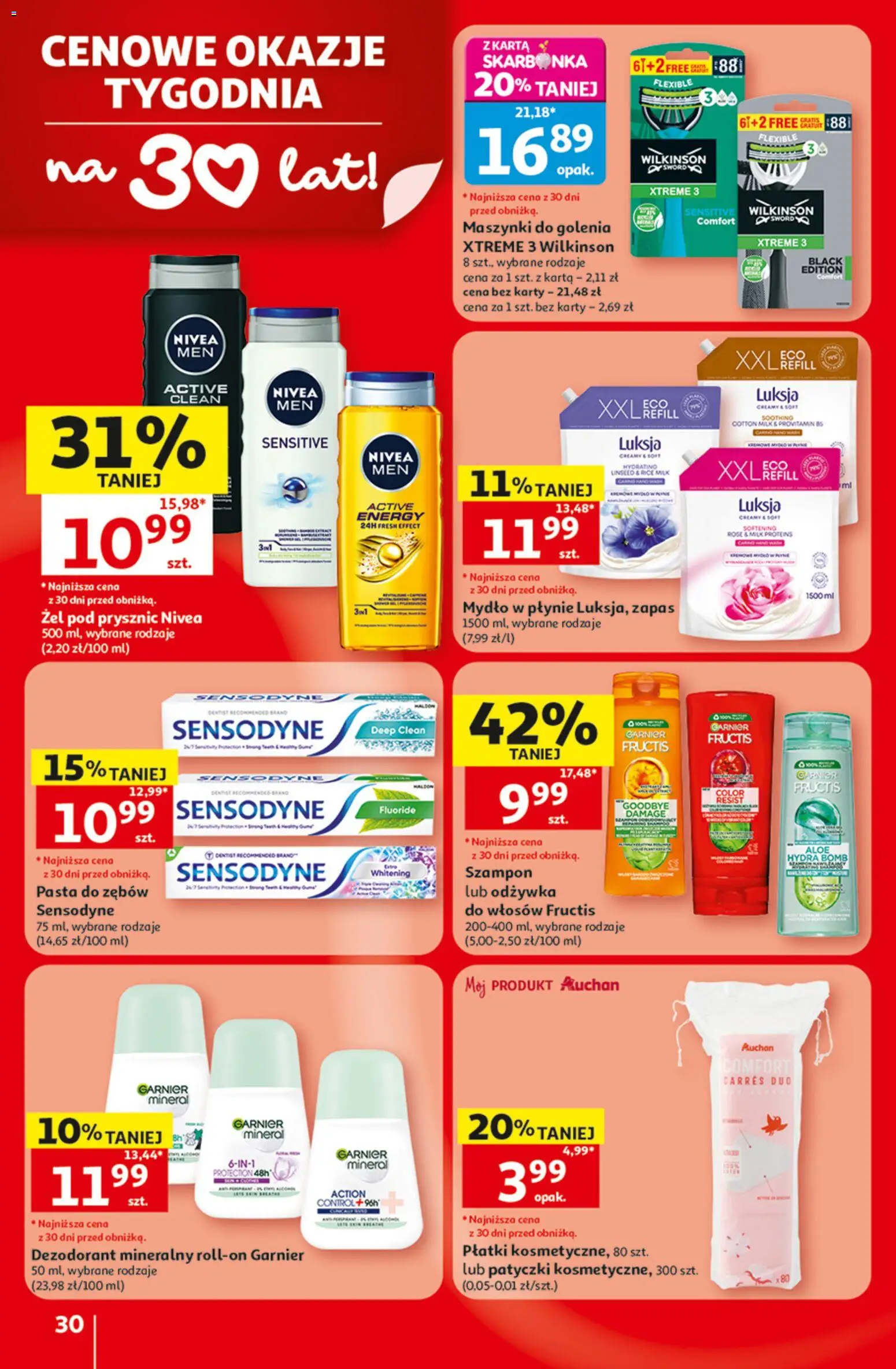 Auchan gazetka - 30 Lat Hipermarket od 09.07.2026 | Strona: 30 | Produkty: Karta, Płatki, Żel pod prysznic, Dezodorant