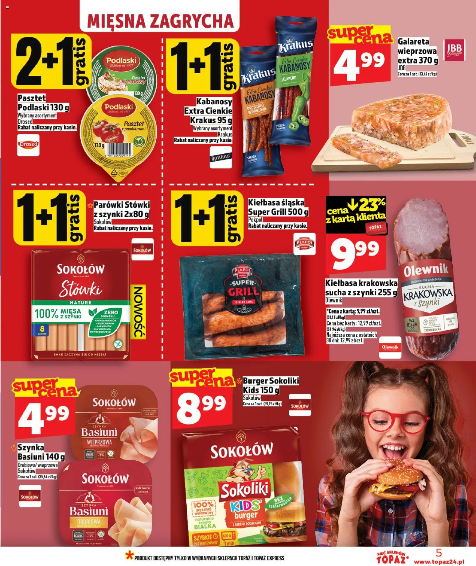 Topaz gazetka od 12.03.2026 | Strona: 5 | Produkty: Kiełbasa, Karta, Szynka, Kiełbasa krakowska