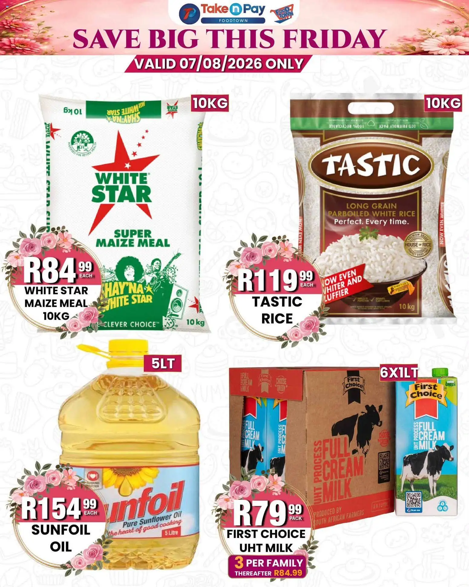 New Take n Pay catalogue – valid from 07/08/2026 | Page: 5 | Products: Maize meal, Milk, Rice, Cream