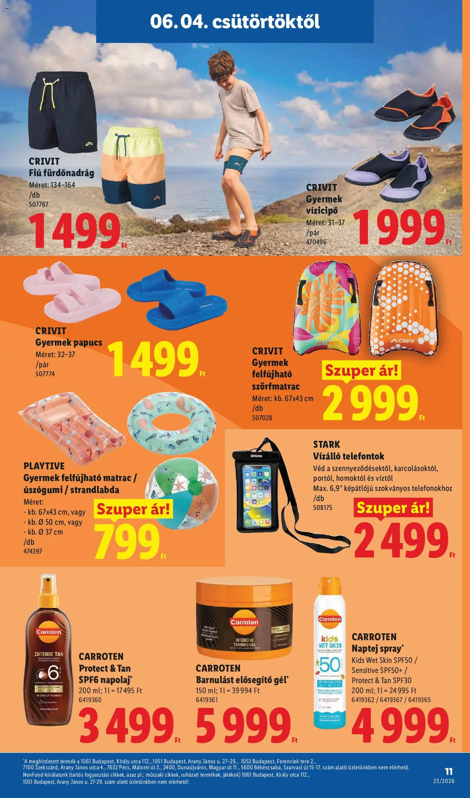 Lidl akciós ujság - amely érvényes a következő dátumtól: 04.06.2026 | Oldal: 11 | Termékek: Vizicipő, Naptej, Játékok, Felfújható matrac