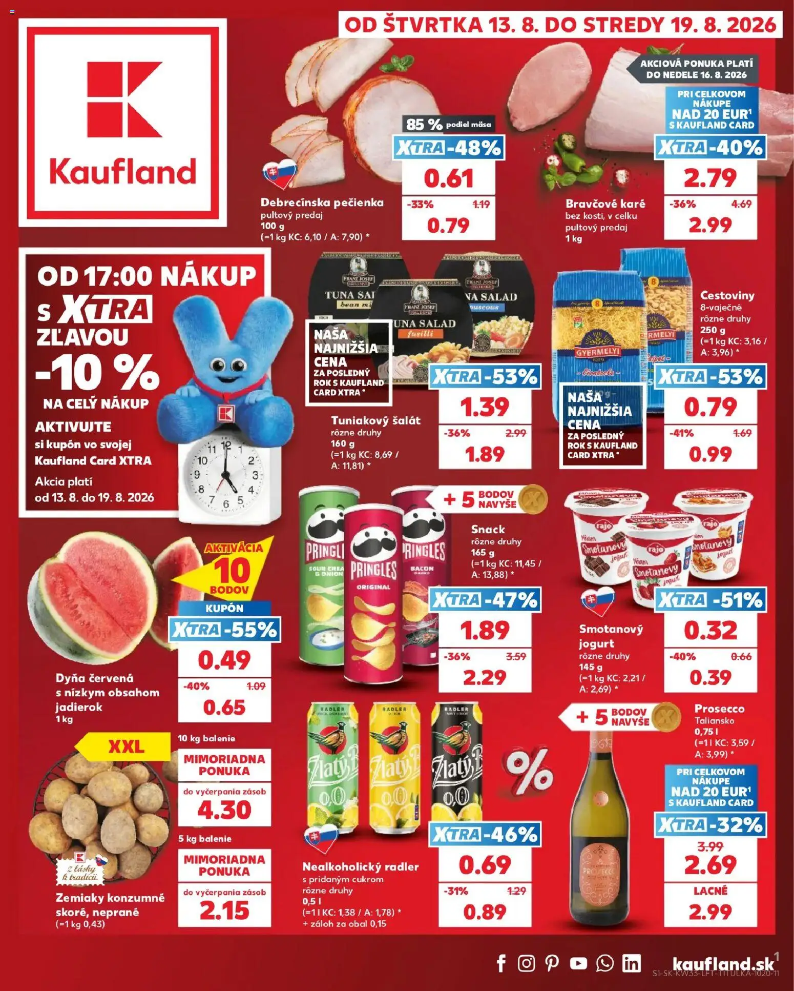 Nové Kaufland akcie – leták je platný od 13.08.2026 | Strana: 1 | Produkty: Cestoviny, Pringles, Zemiaky, Bravčové karé