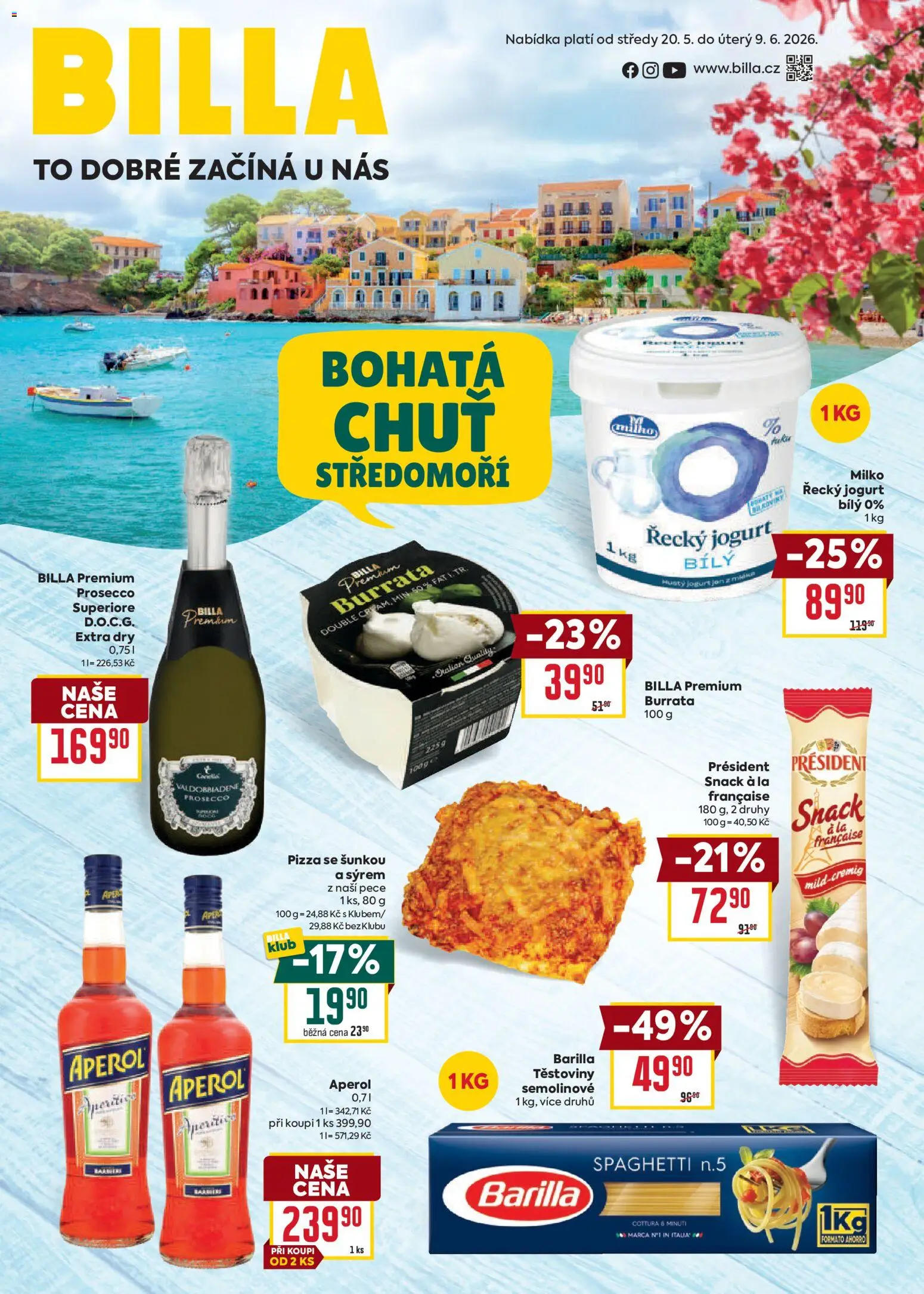 Billa leták - Bohatá chuť středomoří od 20.05.2026 | Strana: 1 | Produkty: Řecký jogurt, Pizza, Burrata, Aperol