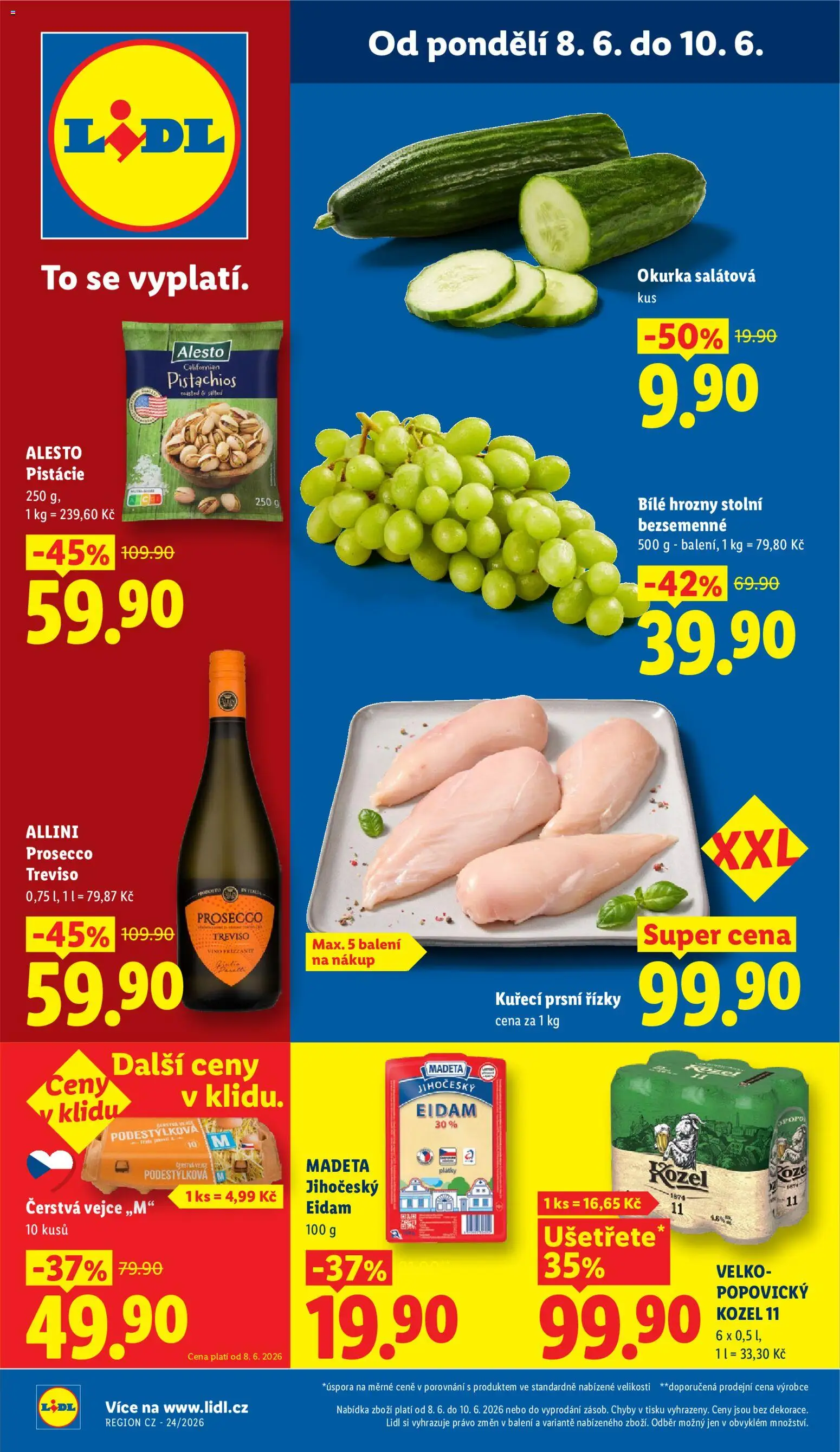 Lidl leták od 08.06.2026 | Strana: 1 | Produkty: Vejce, Pistácie, Kozel 11, Okurka