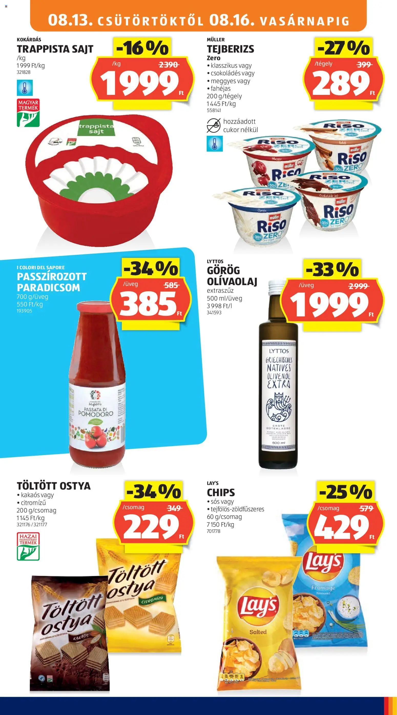 Aldi akciós ujság - amely érvényes a következő dátumtól: 2026.08.13. | Oldal: 19 | Termékek: Chips, Passzírozott paradicsom, Sajt, Töltött ostya