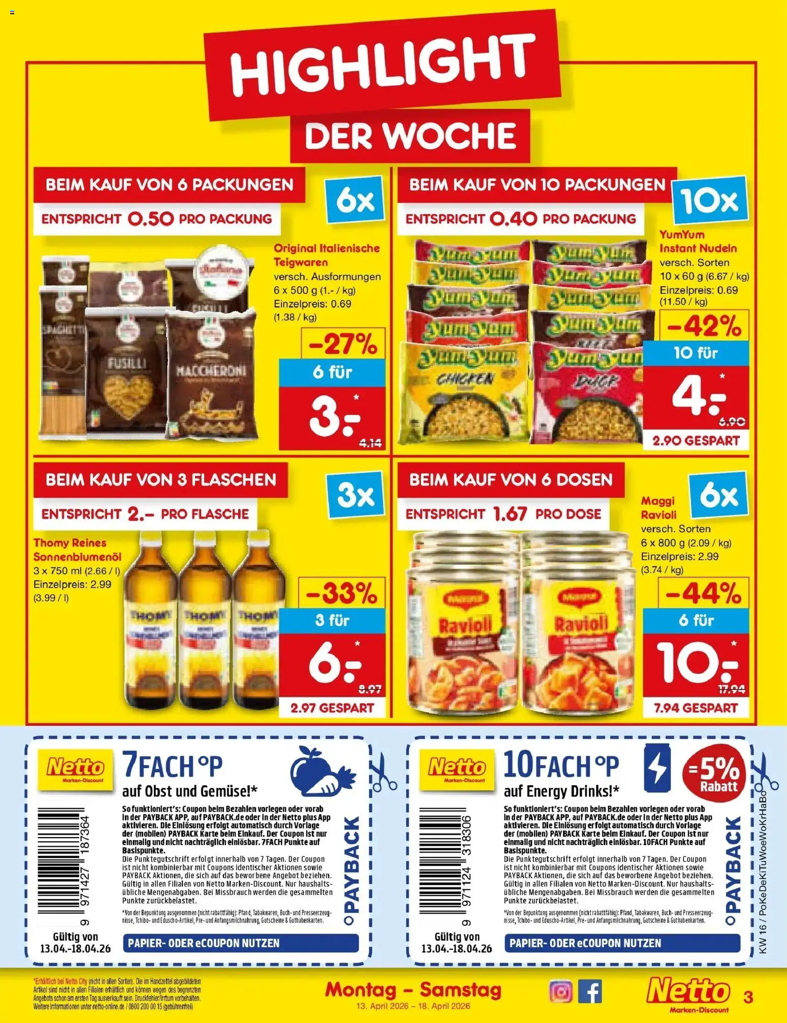 Netto Marken-Discount Prospekt Wuppertal	 – gültig ab 13.04.2026 | Seite: 3 | Produkte: Maggi, Sonnenblumenol, Gemüse, Obst