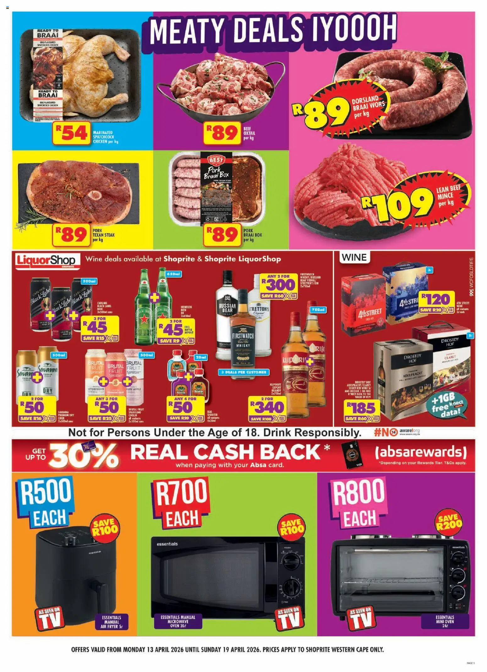 New Shoprite catalogue – valid from 13.04.2026 | Page: 5 | Products: Microwave oven, Wine, Chicken, Fruit