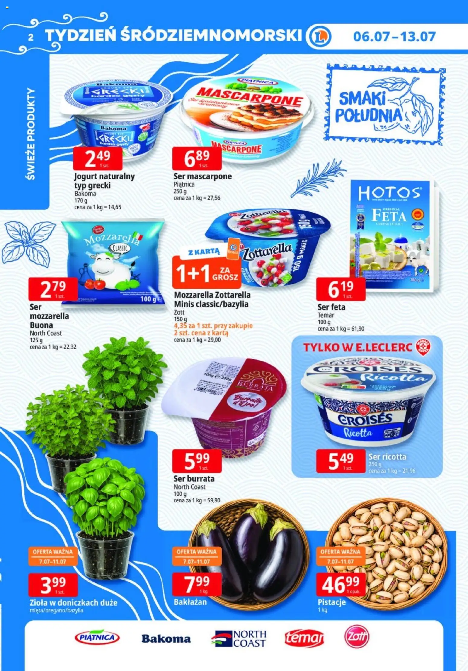 E.Leclerc gazetka od 06.07.2026 | Strona: 2 | Produkty: Bakłażan, Karta, Mozzarella, Ser ricotta