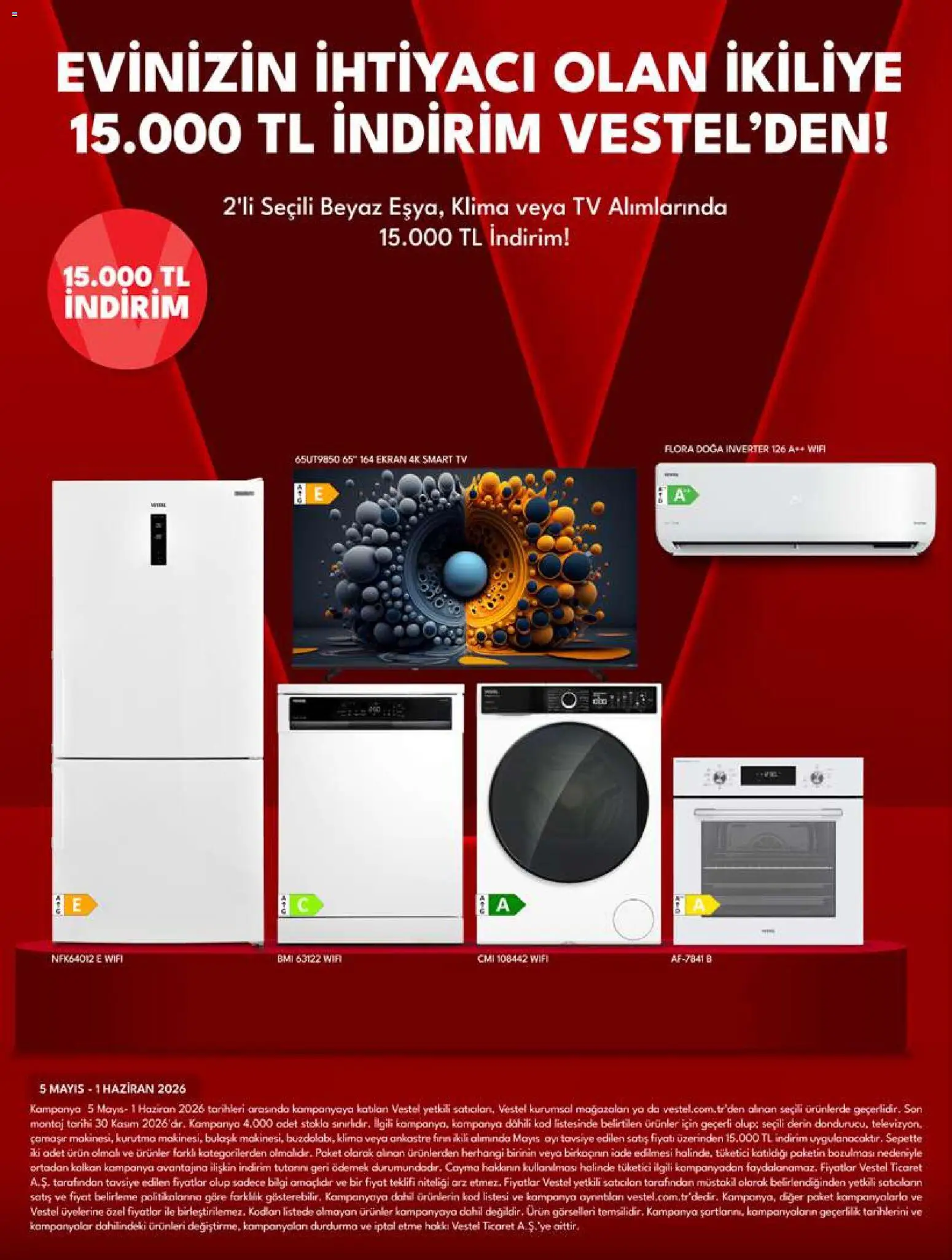 Vestel - Tüketici Elektroniği - 01.05.2026 tarihinden itibaren geçerlidir | Sayfa: 12 | Ürünler: Kalkan, TV, Fırın, Klima