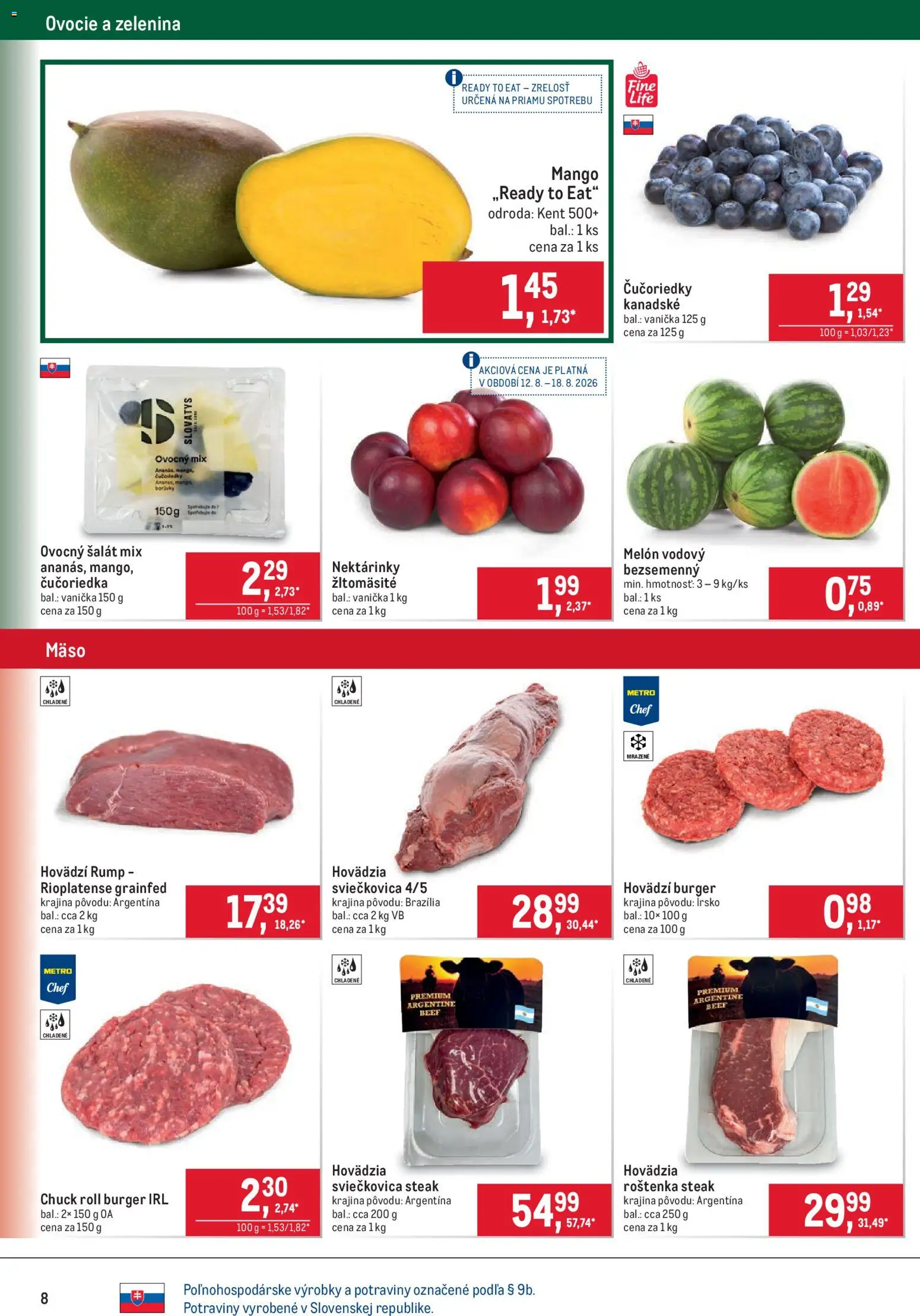 Nové Metro akcie – leták je platný od 12.08.2026 | Strana: 8 | Produkty: Čučoriedky, Zelenina, Šalát, Melón