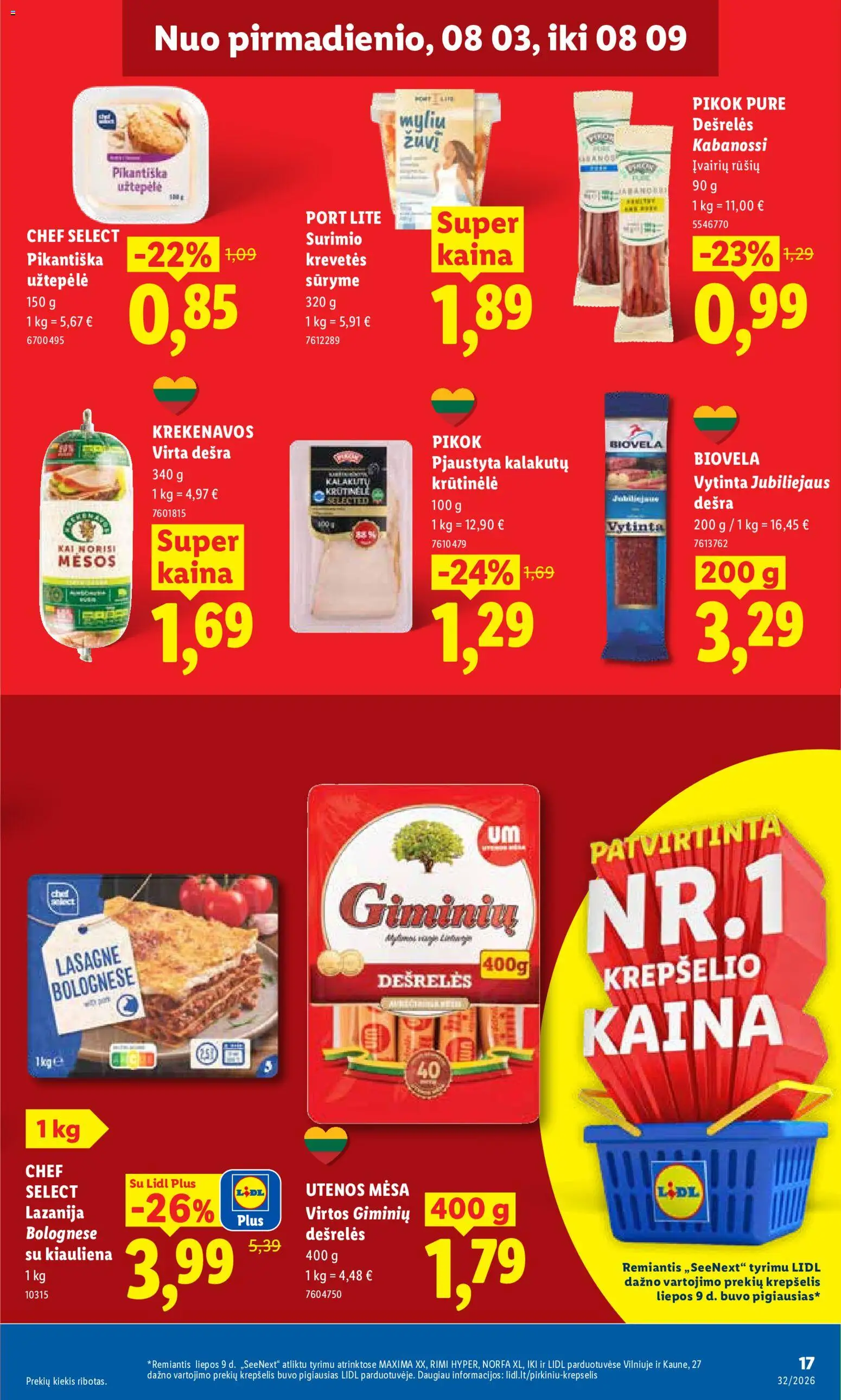 LIDL akcijos nuo 2026.08.03 | Puslapis: 17 | Prekių: Dešrelės, Dešra, Krepšelis, Kiauliena