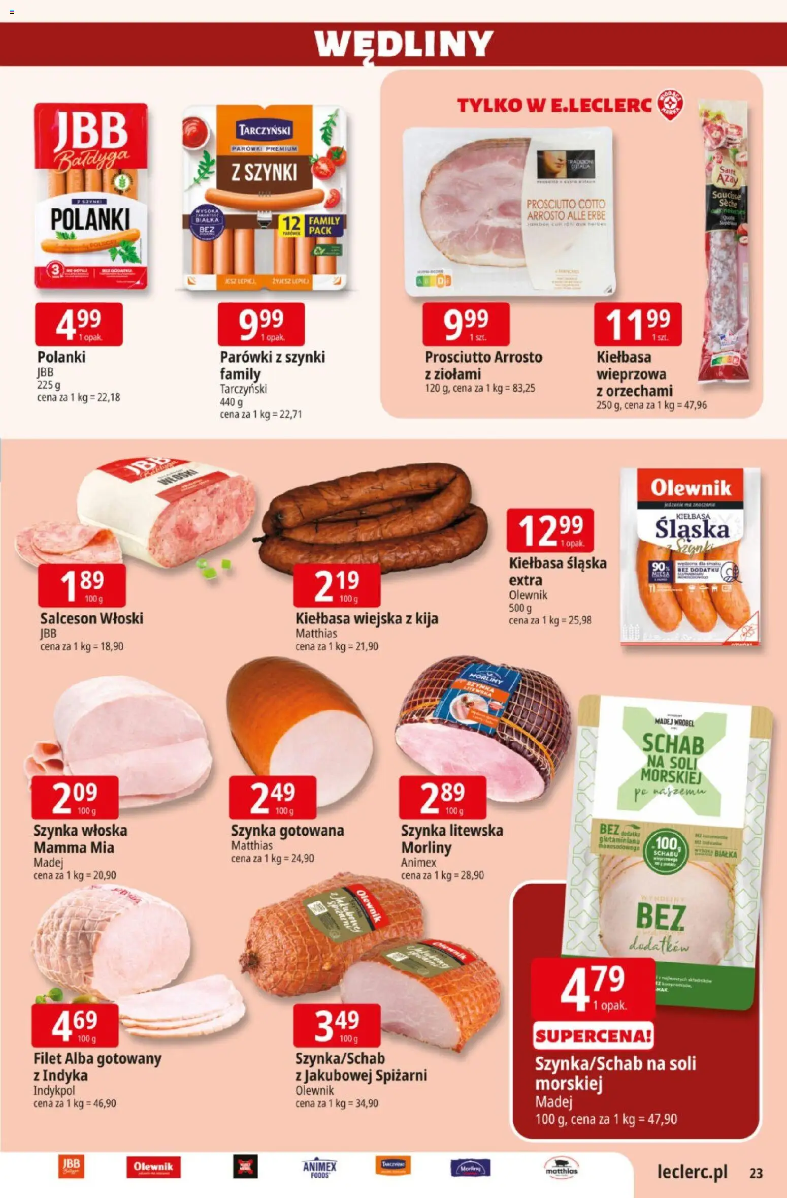 E.Leclerc gazetka od 08.09.2026 | Strona: 23 | Produkty: Kiełbasa, Parówki, Salceson, Kiełbasa śląska