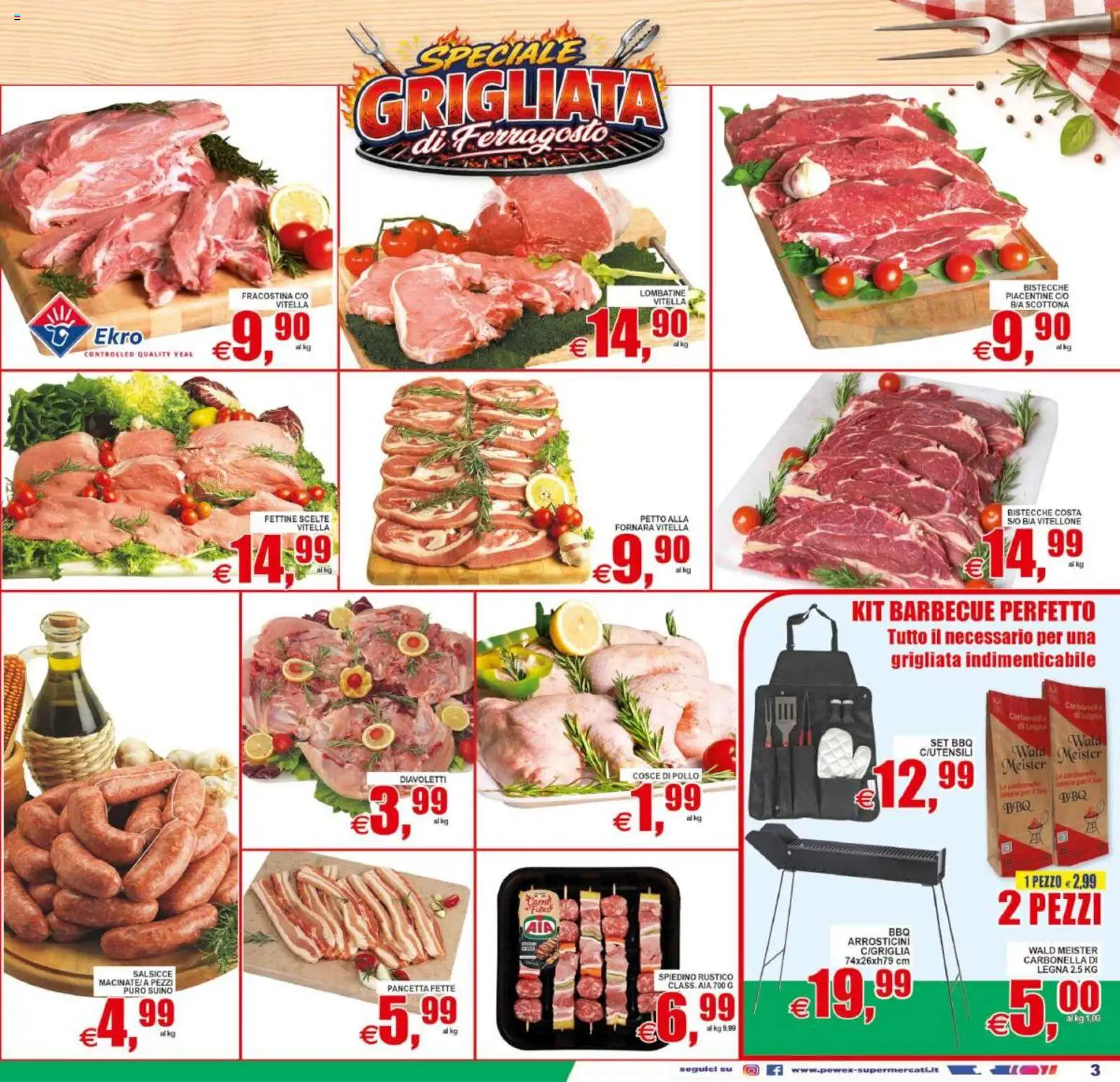Volantino Pewex del 12/08/2026 | Pagina: 3 | Prodotti: Pollo, Pancetta, Arrosticini, Salsicce