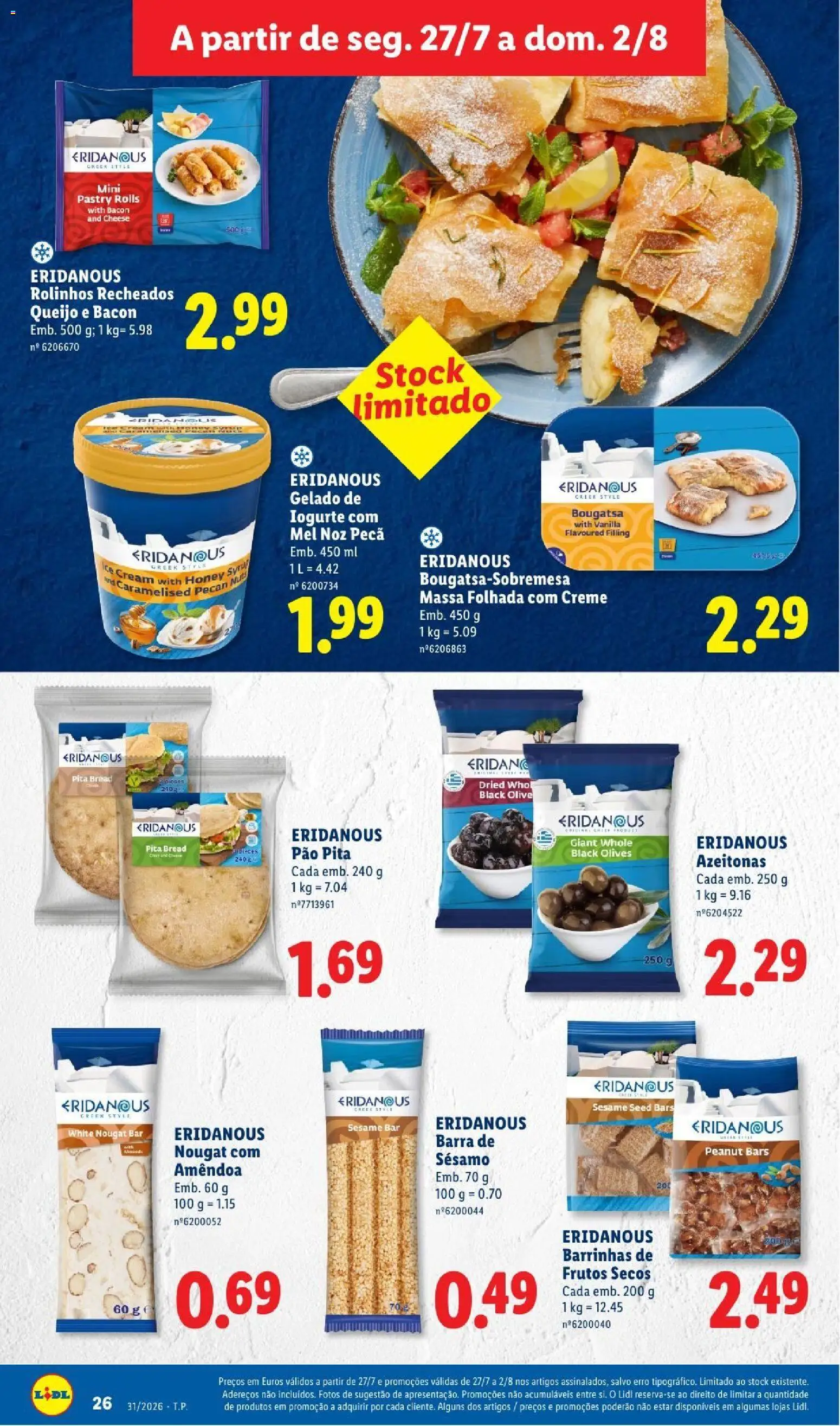 Lidl folheto │ válido de 27/07/2026 | Página: 26 | Produtos: Massa folhada, Azeitonas, Iogurte, Pão