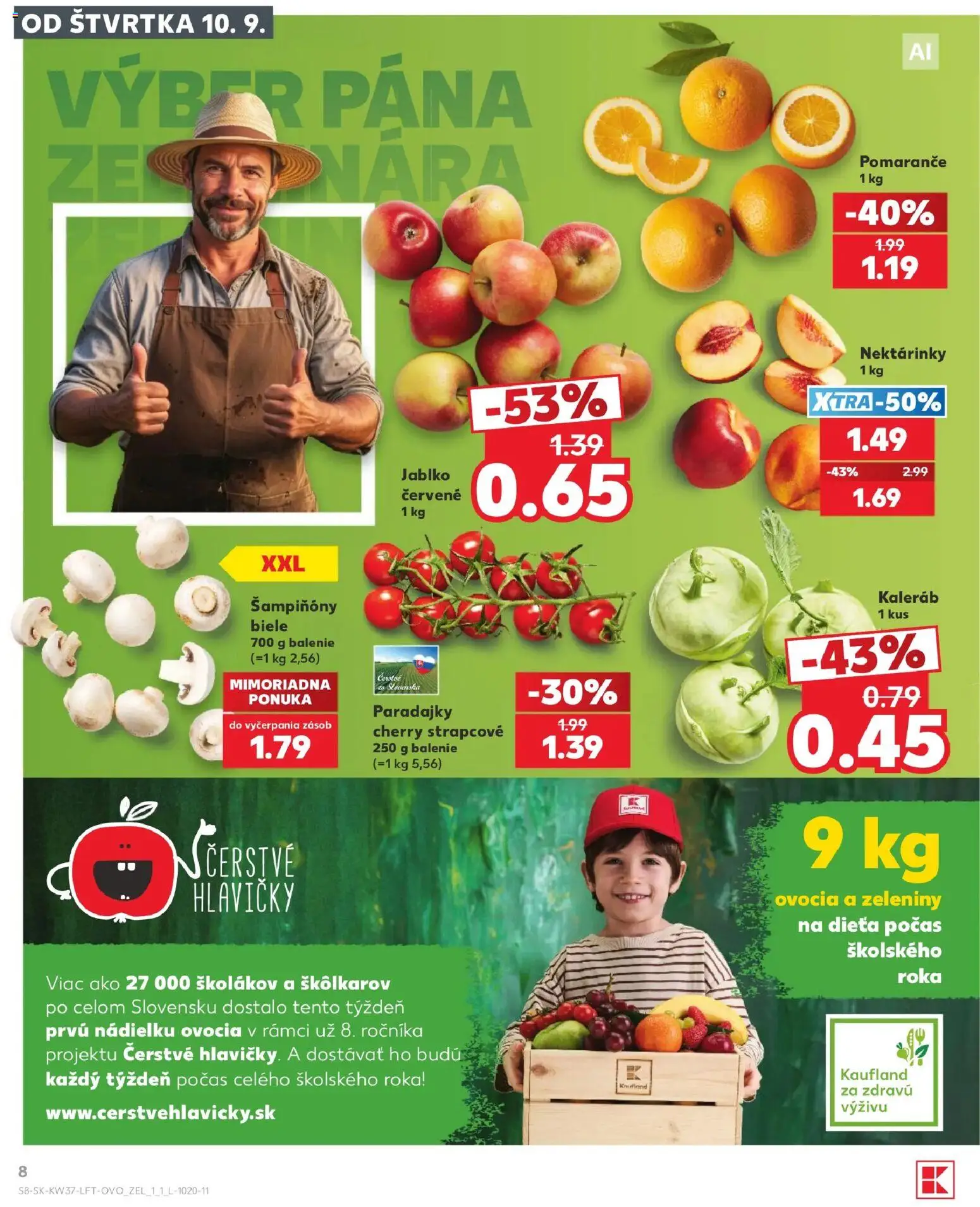 Nové Kaufland akcie – leták je platný od 10.09.2026 | Strana: 8 | Produkty: Pomaranče, Paradajky, Šampiňóny, Kaleráb