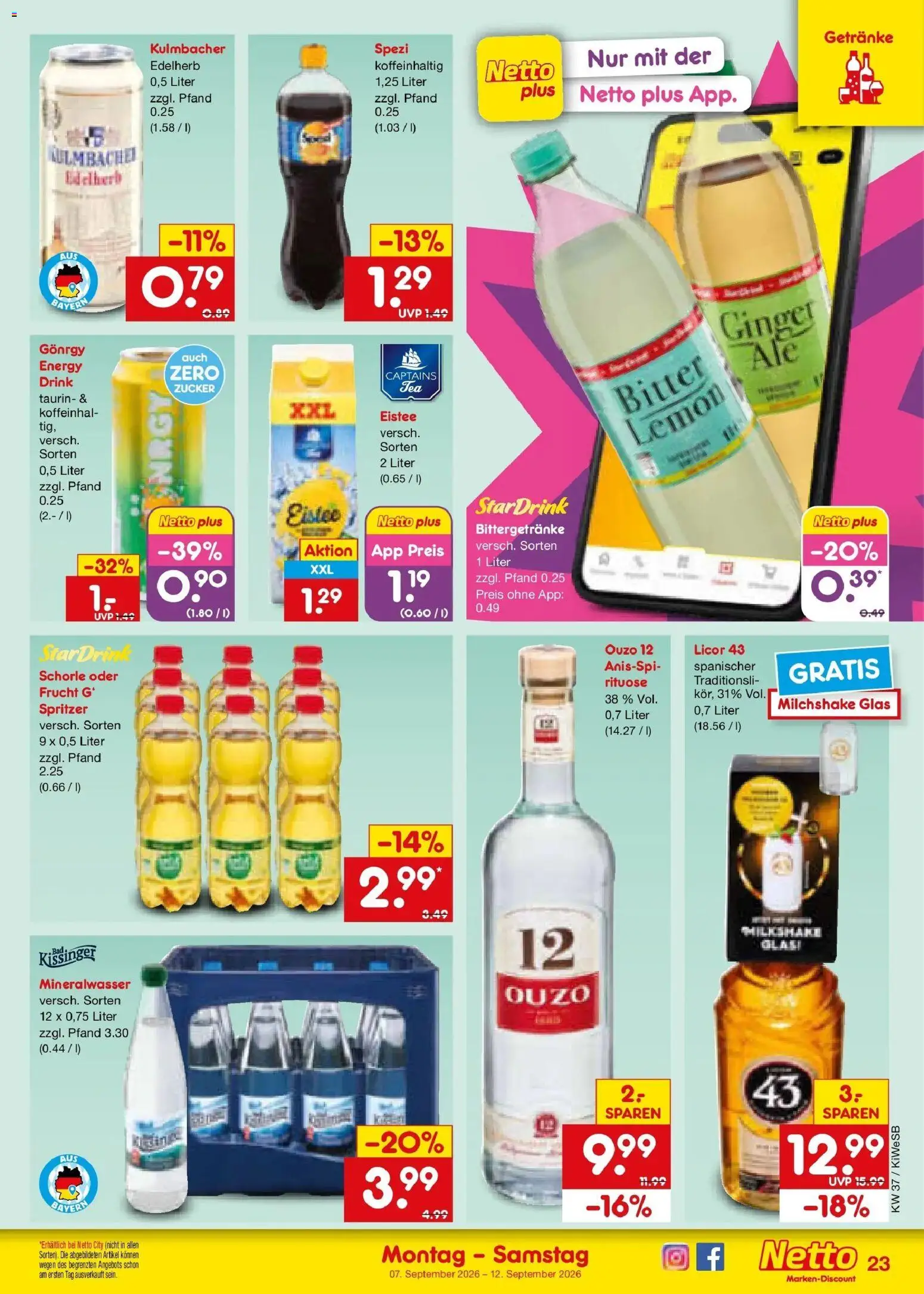 Netto Marken-Discount Prospekt Bad Friedrichshall – gültig ab 07.09.2026 | Seite: 33 | Produkte: Ouzo, Energy, Mineralwasser, Zucker