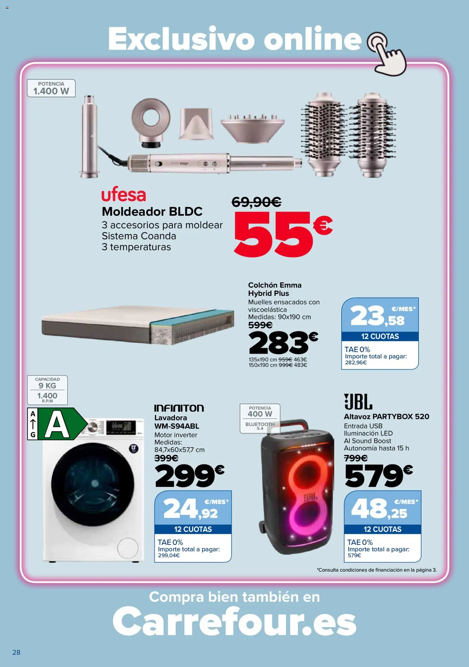Carrefour Electroverano │ válido desde el 09.06.2026 | Página: 28 | Productos: Colchon, USB, Lavadora, Galette de chaise