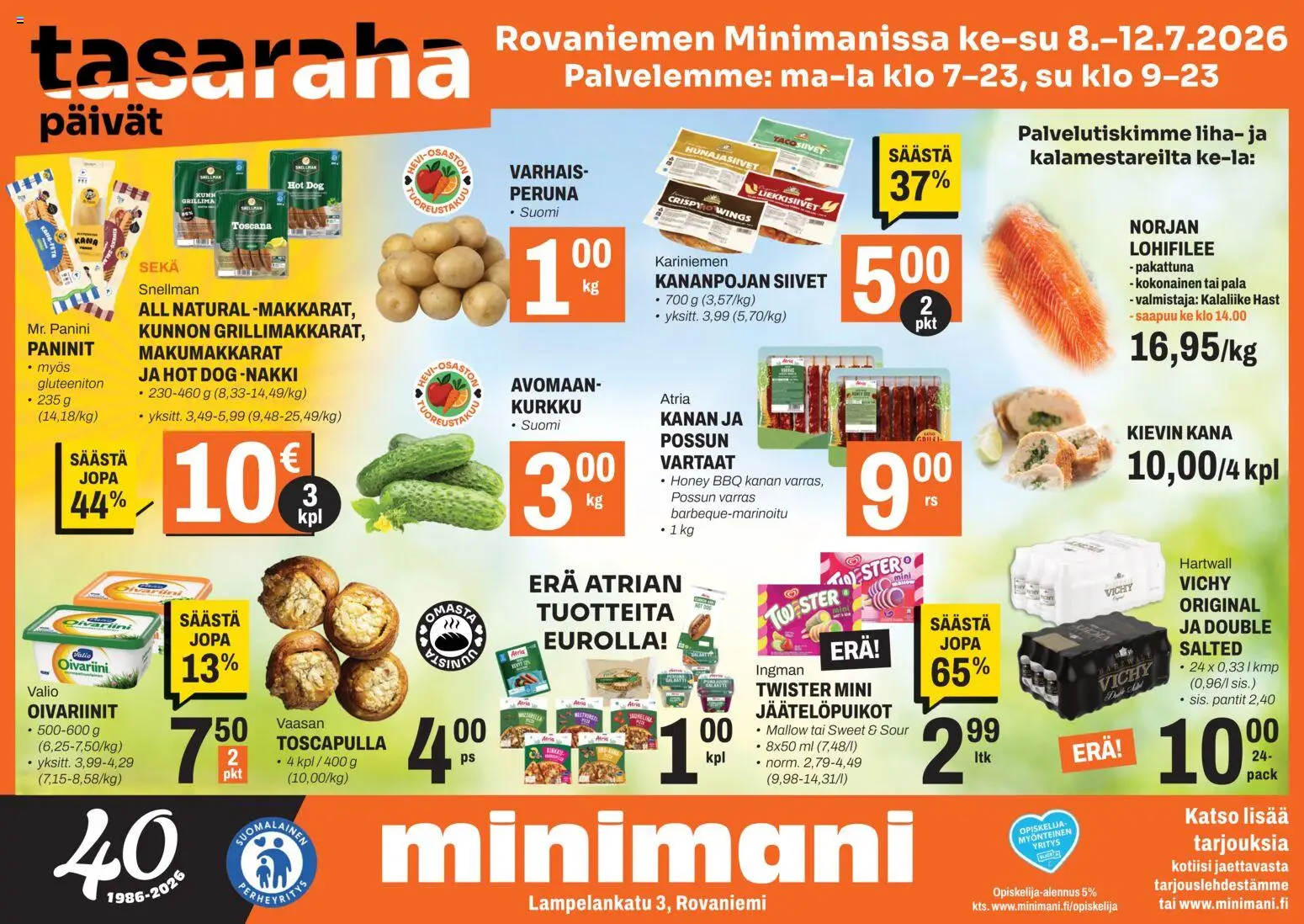 Minimani tarjoukset - Rovaniemi – voimassa 08/07/2026 alkaen | Sivu: 1 | Tuotteet: Kokonainen, Vartaat, Kurkku, Hot dog