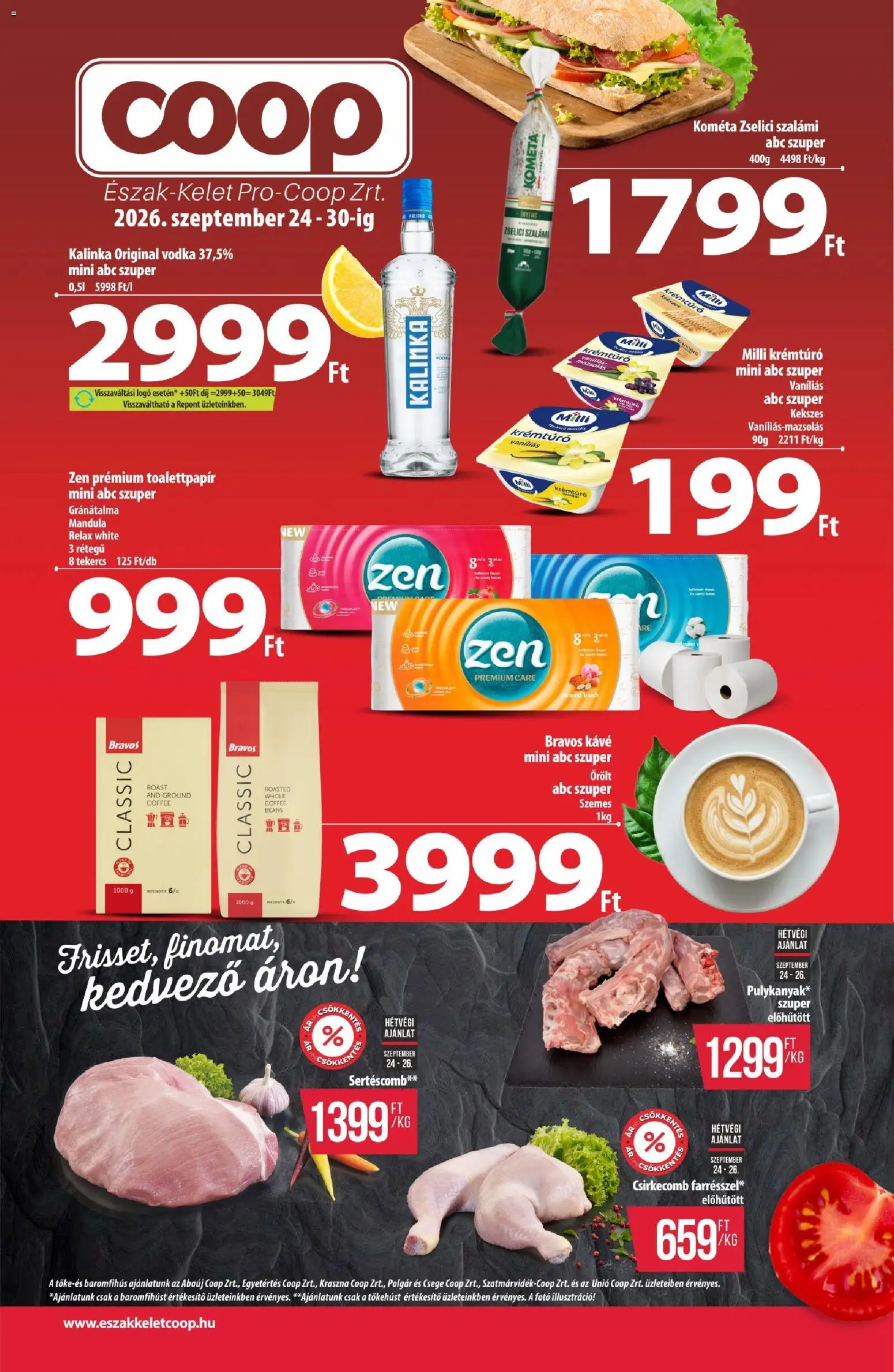 COOP akciós ujság - amely érvényes a következő dátumtól: 2026.09.24. | Oldal: 1 | Termékek: Sertéscomb, Kávé, Vodka, Csirkecomb