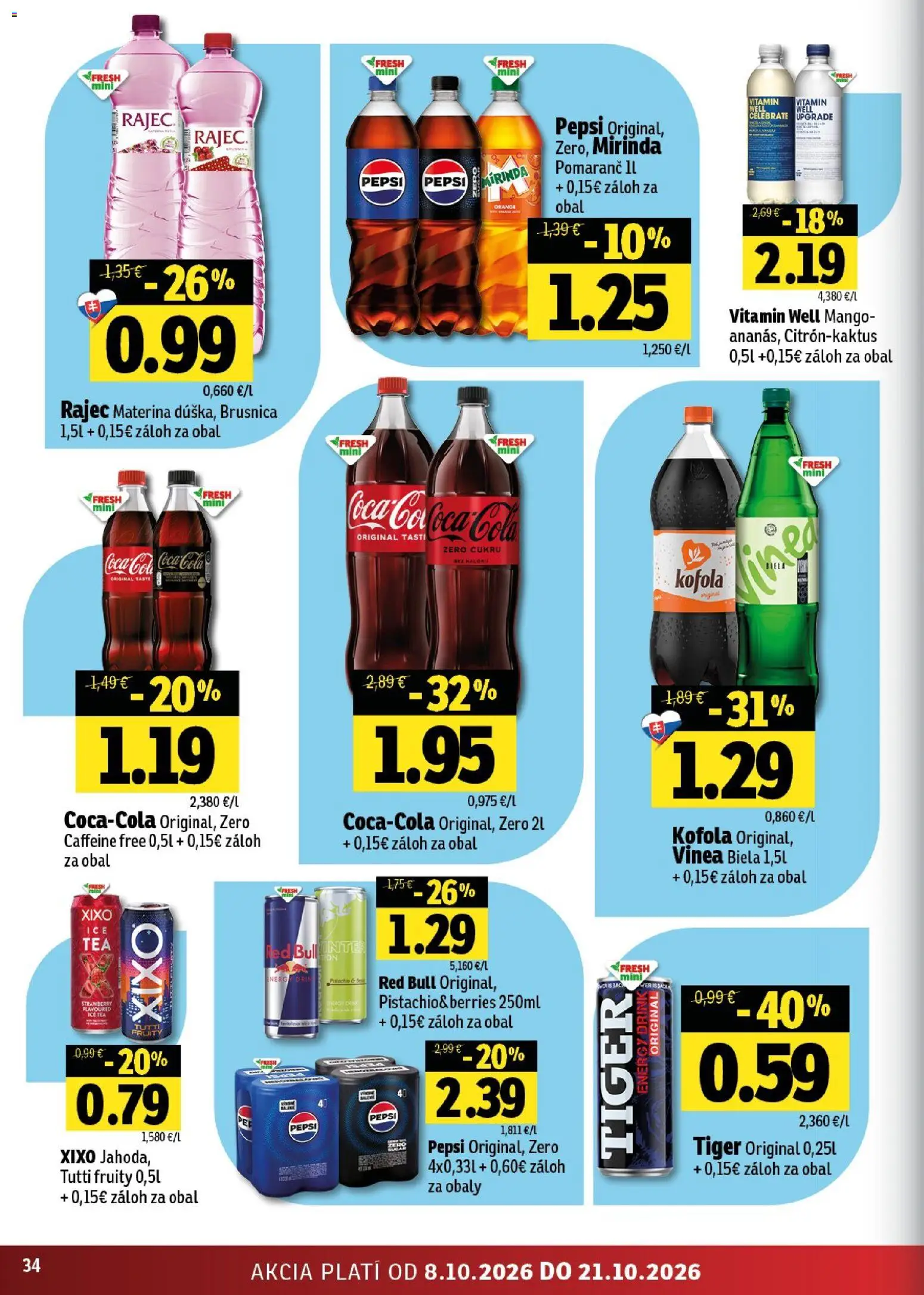 Nové Fresh akcie – leták je platný od 08.10.2026 | Strana: 34 | Produkty: Kofola, Coca cola, Pepsi, Vinea