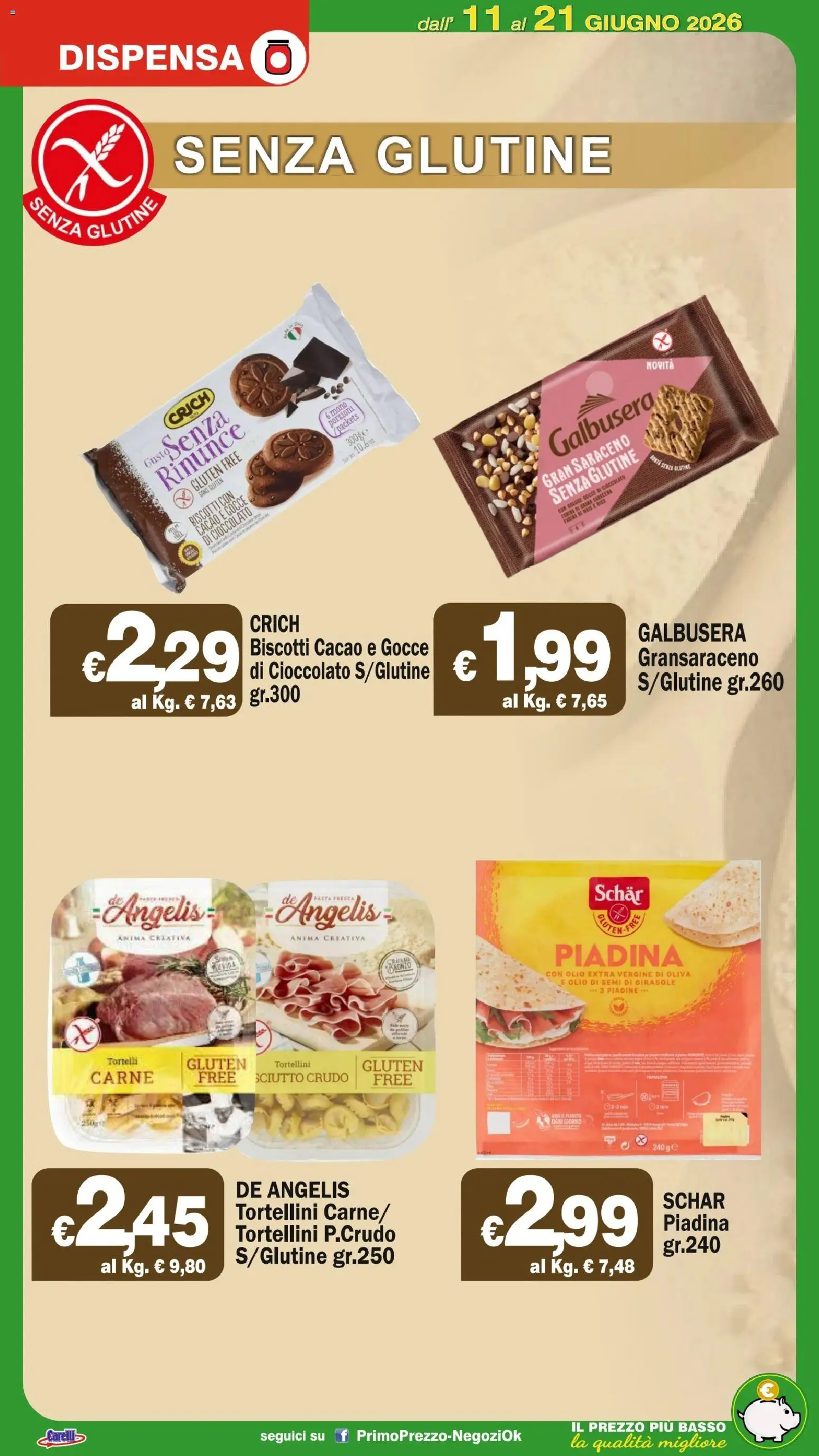 Volantino Primo Prezzo del 11.06.2026 | Pagina: 18 | Prodotti: Biscotti, Olio, Piadina, Cacao