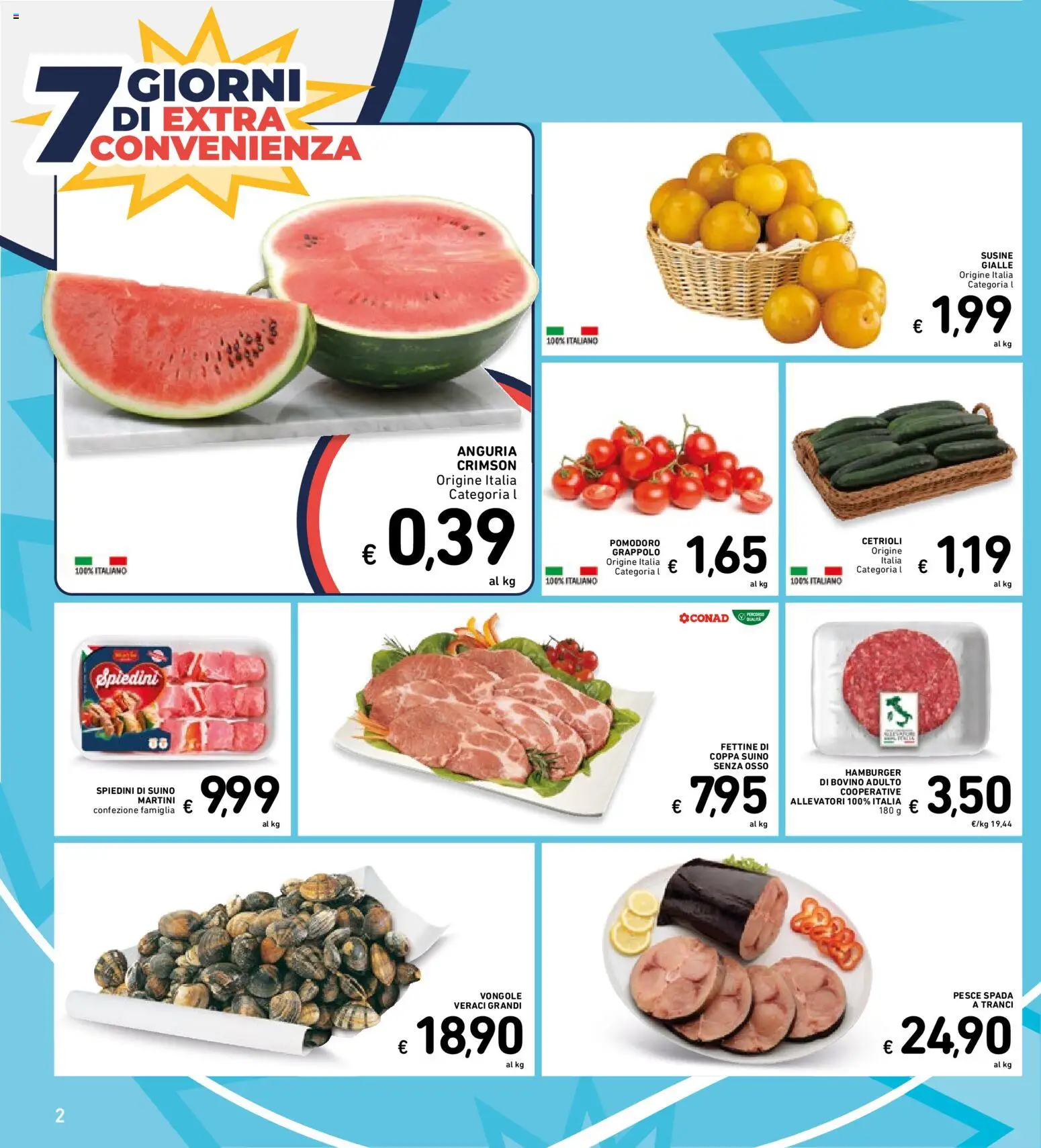 Volantino Spazio Conad del 21/07/2026 | Pagina: 2 | Prodotti: Bovino, Suino, Susine, Spiedini