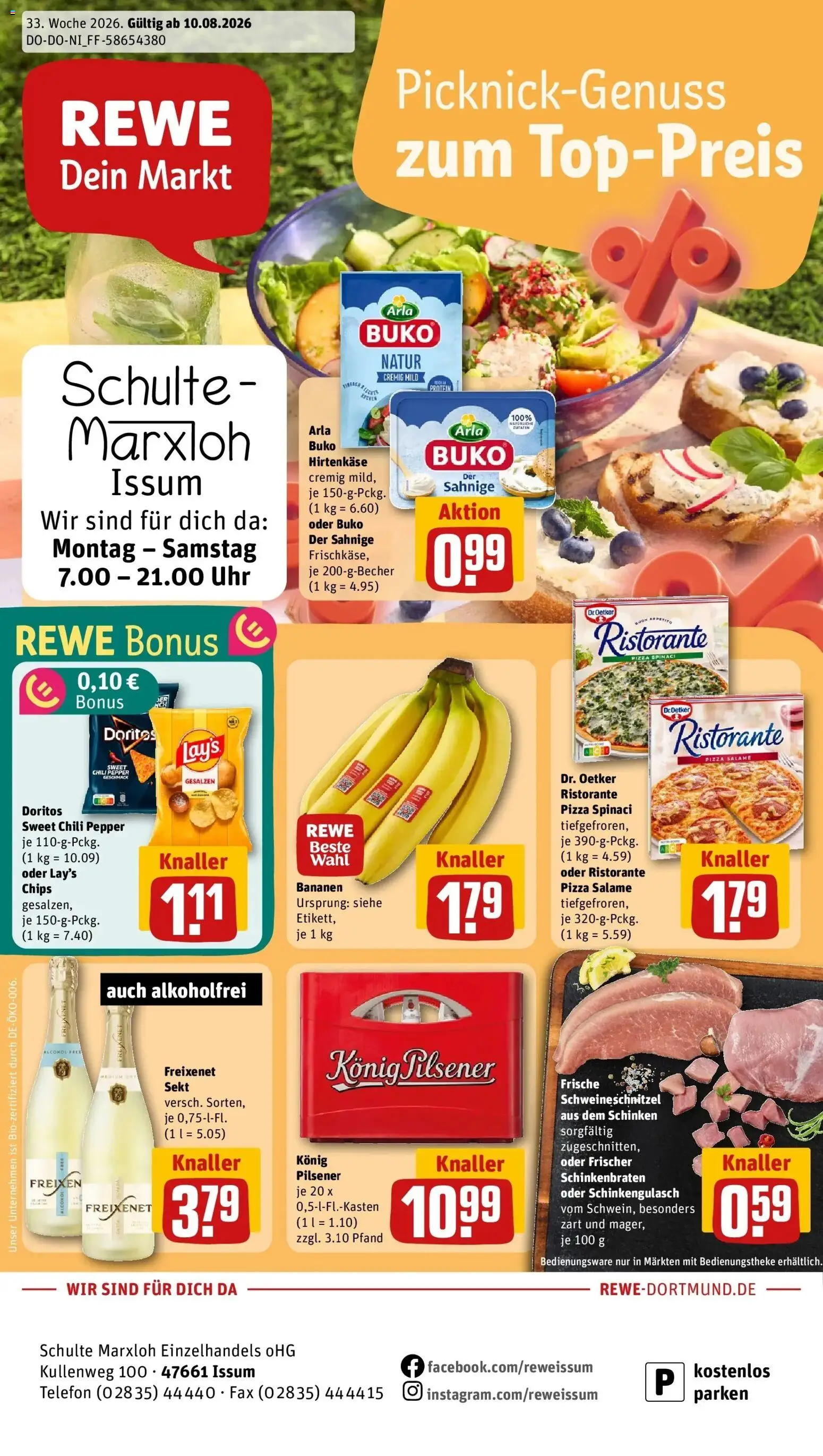 REWE Prospekt ab 10.08.2026 zum Blättern » Angebote | Seite: 1 | Produkte: Sekt, Bananen, Pizza, Uhr