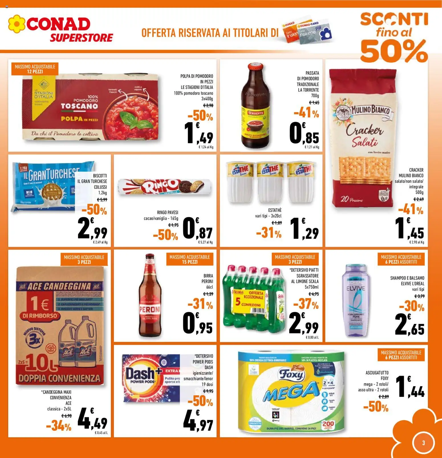 Volantino Conad del 29/07/2026 | Pagina: 3 | Prodotti: Shampoo, Balsamo, Passata di pomodoro, Scala