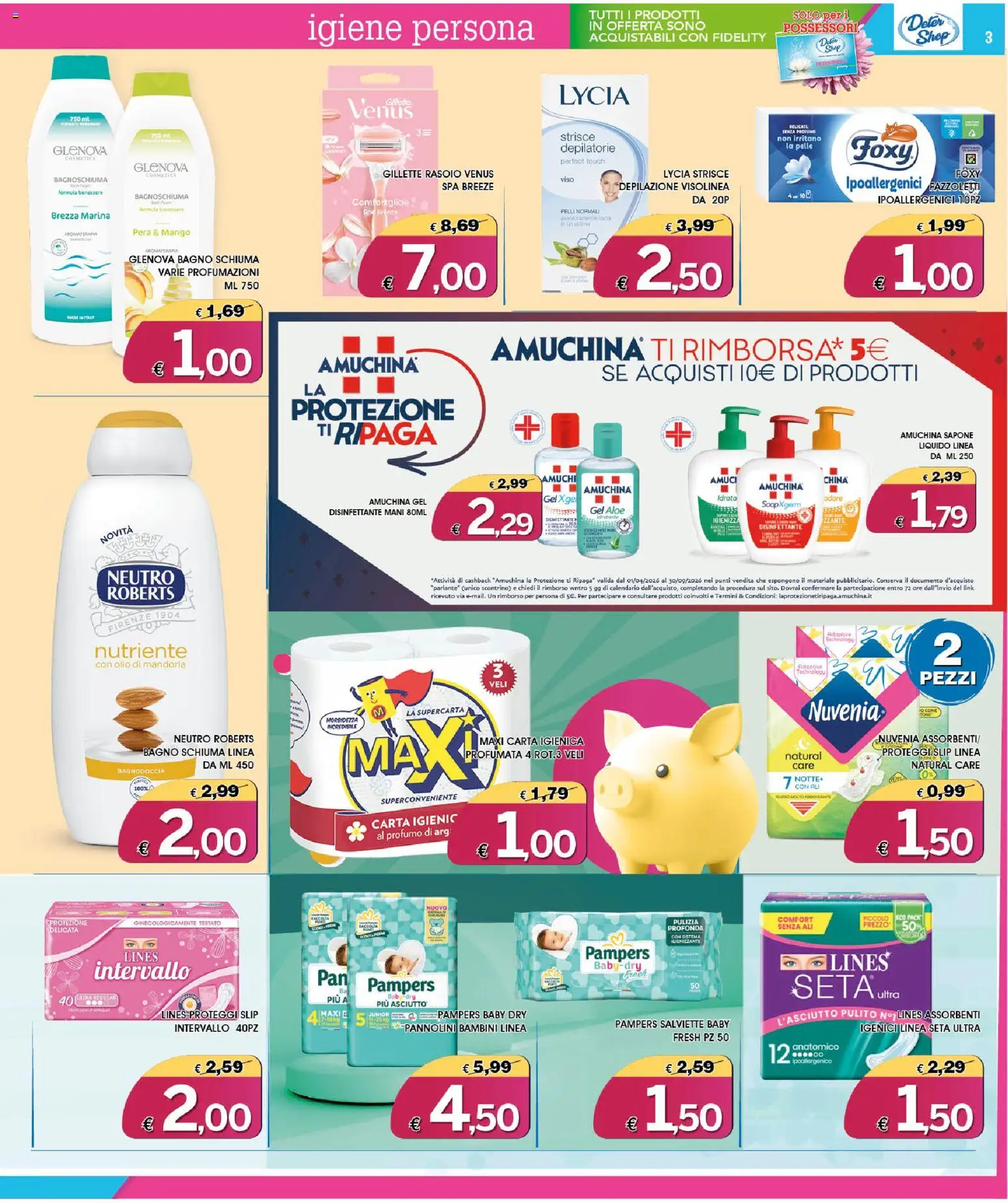 Volantino Deter Shop del 01/09/2026 | Pagina: 3 | Prodotti: Pannolini, Rasoio, Sapone, Pera
