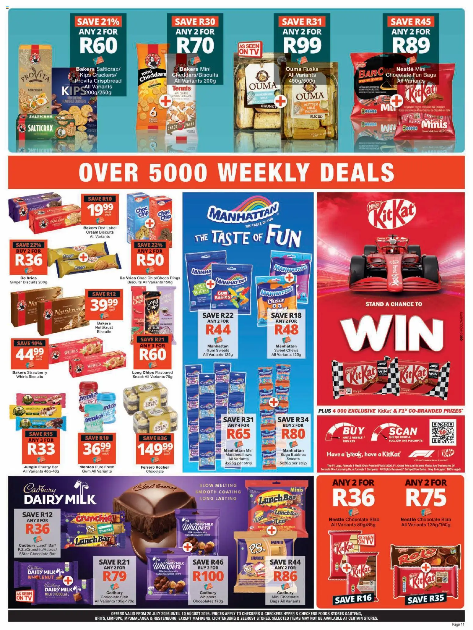 New Checkers catalogue – valid from 20/07/2026 | Page: 11 | Products: Sweets, Cheese, Chocolate, Water