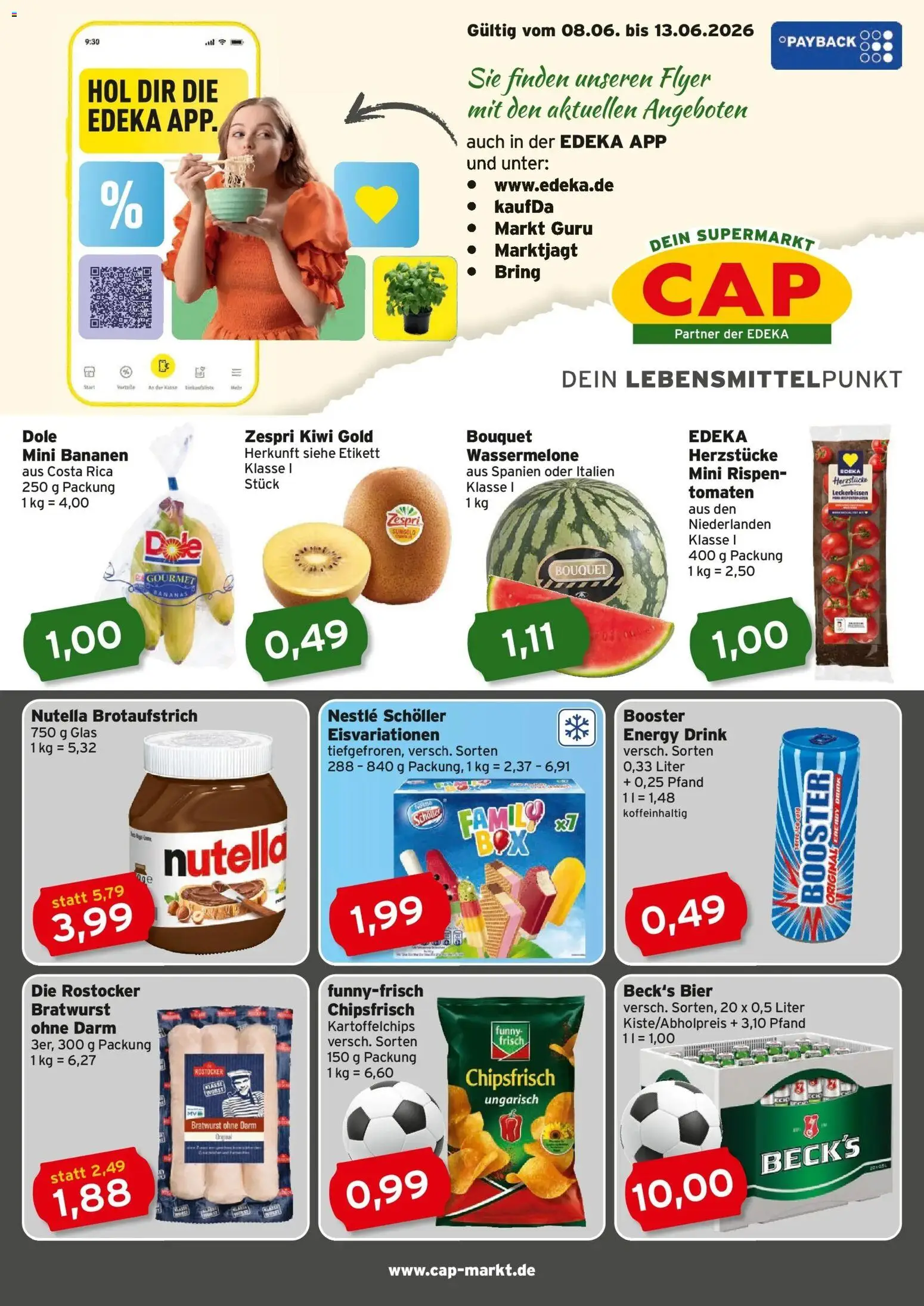 CAP Markt Prospekt Rostock – gültig ab 08.06.2026 | Seite: 1 | Produkte: Funny frisch, Bratwurst, Tomaten, Nutella