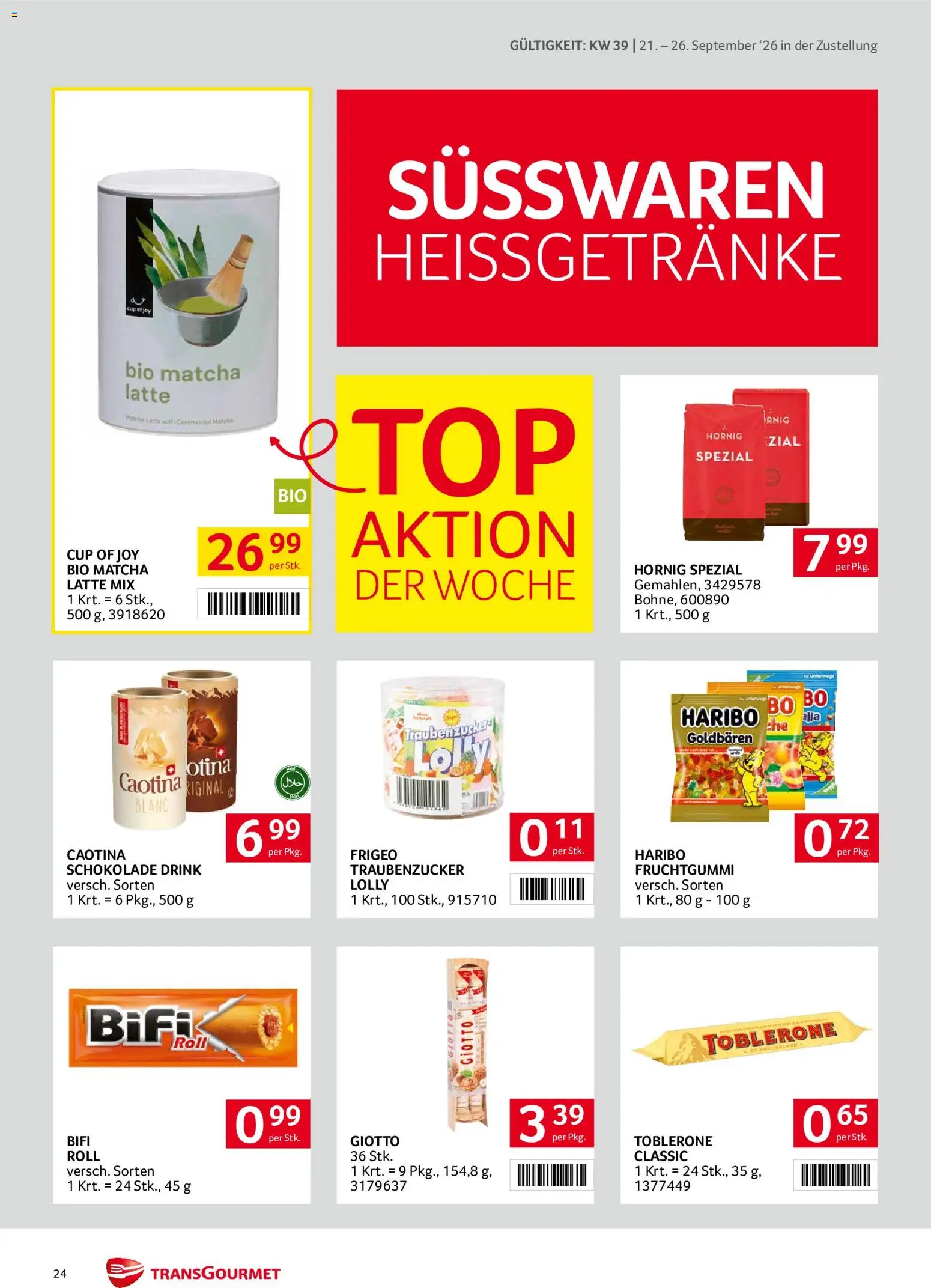 Transgourmet Zustellaktion gültig ab 20.09.2026 | Seite: 24 | Produkte: Matcha, Schokolade, Süßwaren