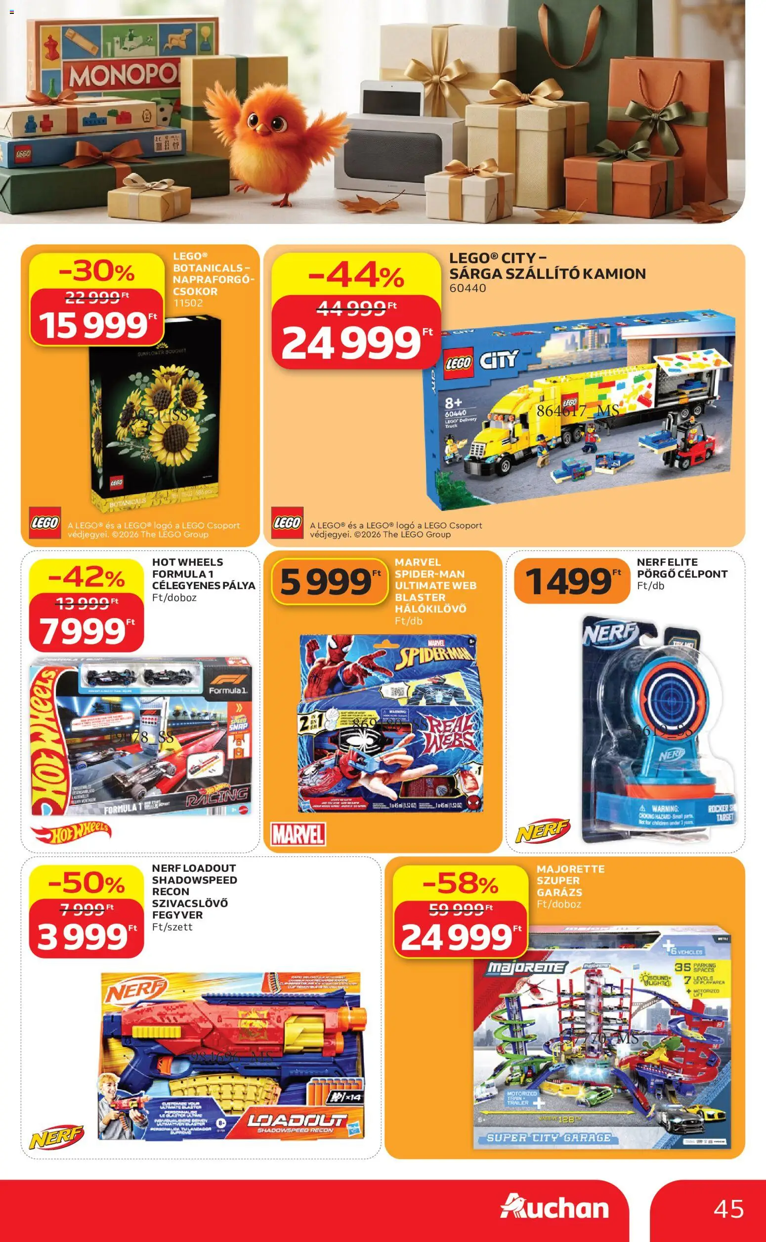 Auchan akciós ujság - amely érvényes a következő dátumtól: 2026.10.01. | Oldal: 45 | Termékek: Napraforgó, Hot Wheels, LEGO, Rocker