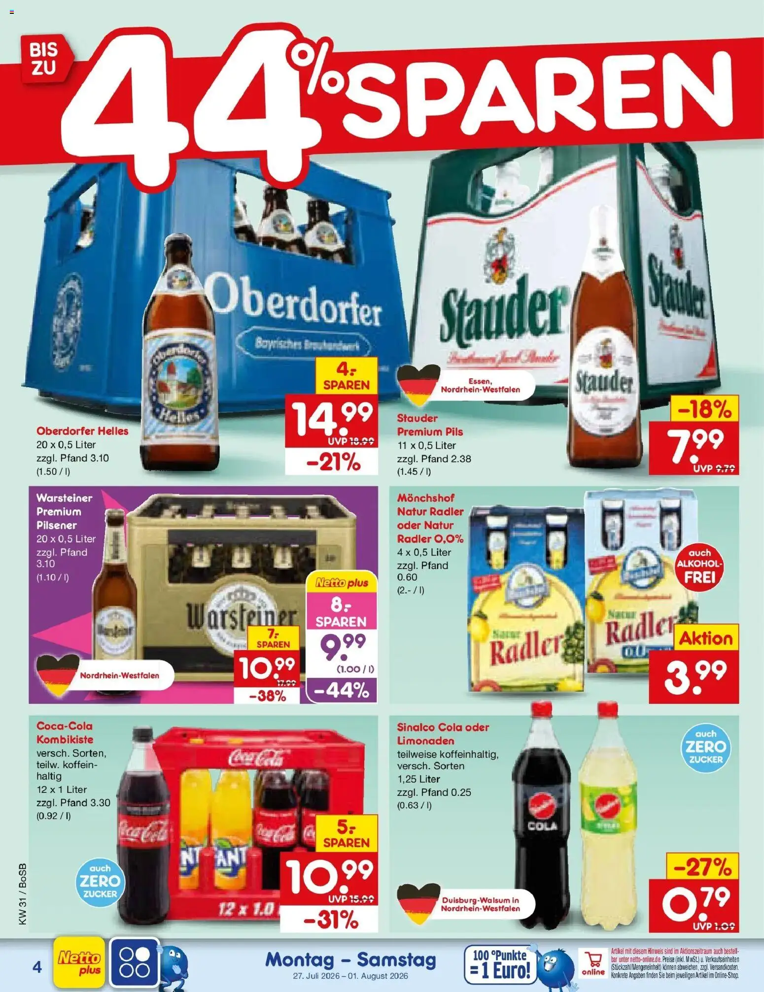 Netto Marken-Discount Prospekt Bochum – gültig ab 27.07.2026 | Seite: 4 | Produkte: Sinalco, Cola, Pils, Zucker