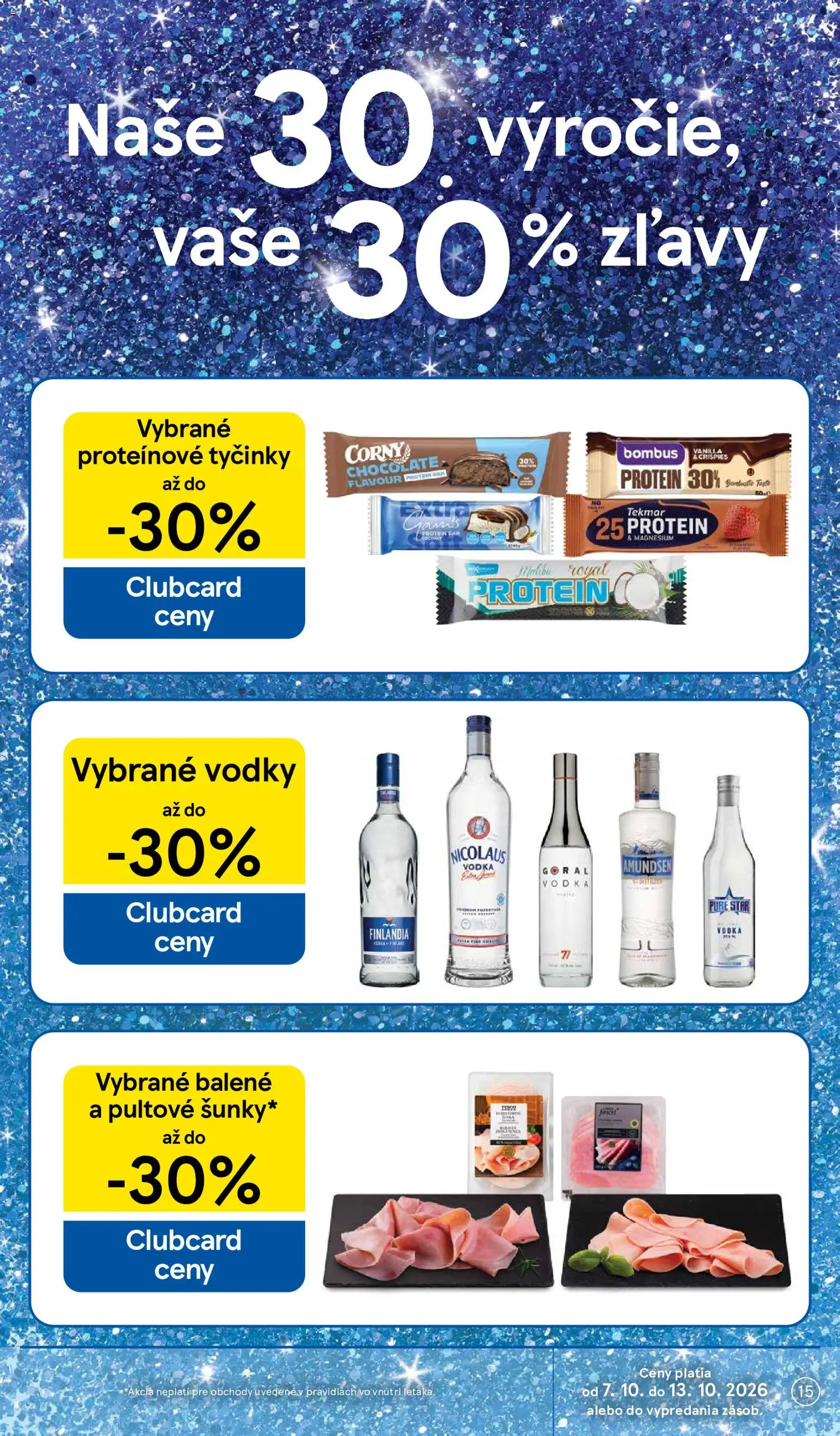 Nové Tesco akcie – leták je platný od 07.10.2026 | Strana: 15 | Produkty: Proteínové tyčinky, Protein, Vodka, Nicolaus vodka
