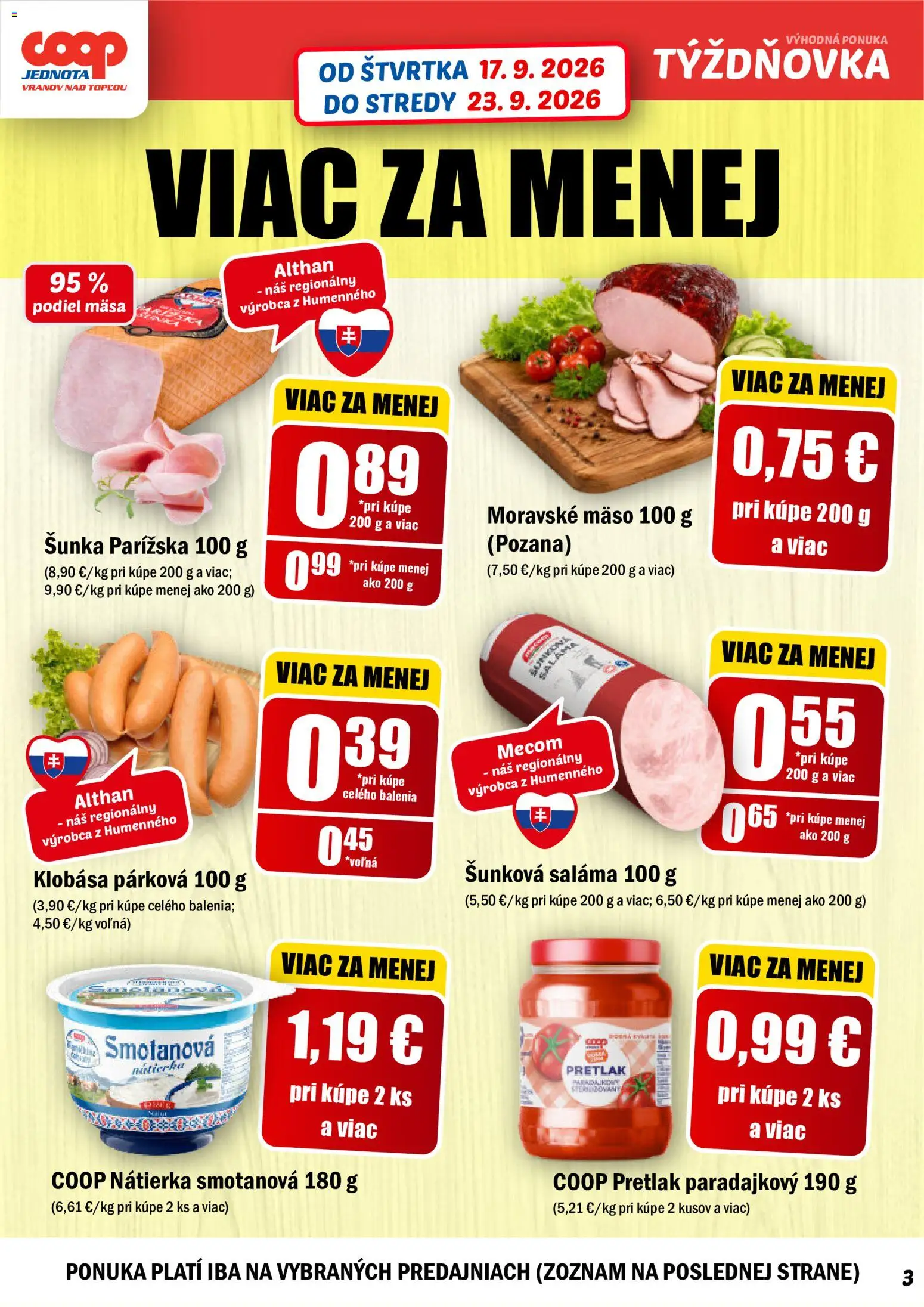 Nové COOP Jednota akcie – leták je platný od 17.09.2026 | Strana: 3 | Produkty: Šunka, Nátierka, Mäso, Pretlak