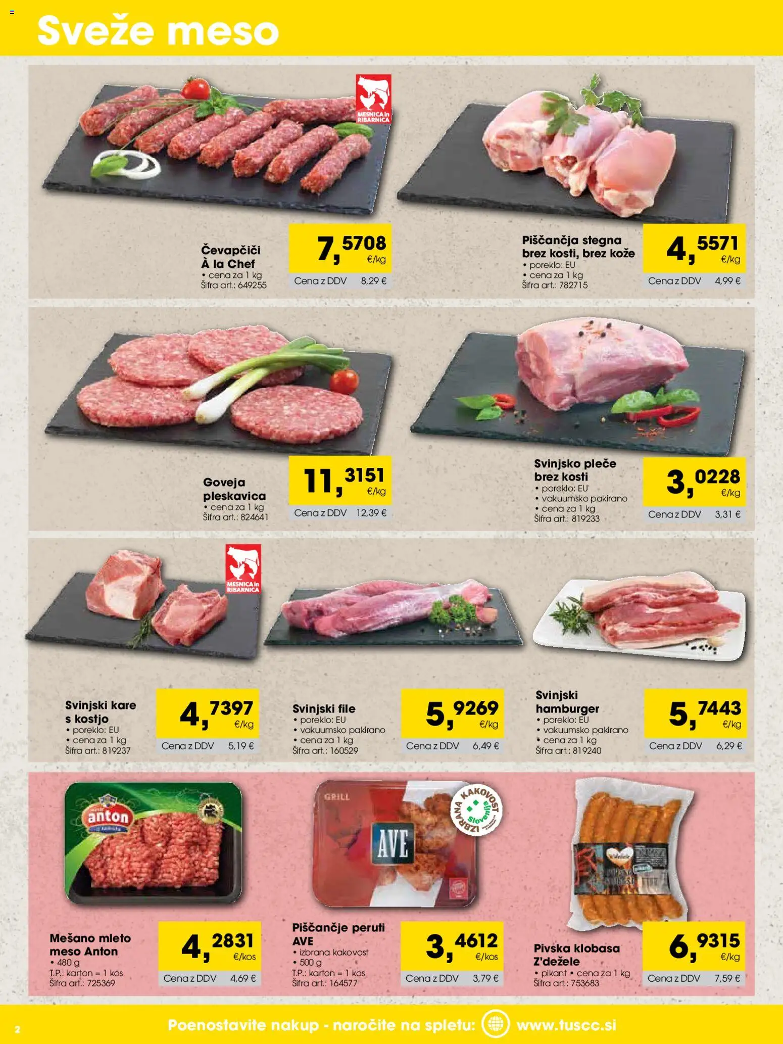 Novi Tuš katalog ponudbe – veljaven od 01.08.2026 | Stran: 2 | Izdelki: Čevapčiči, Kos